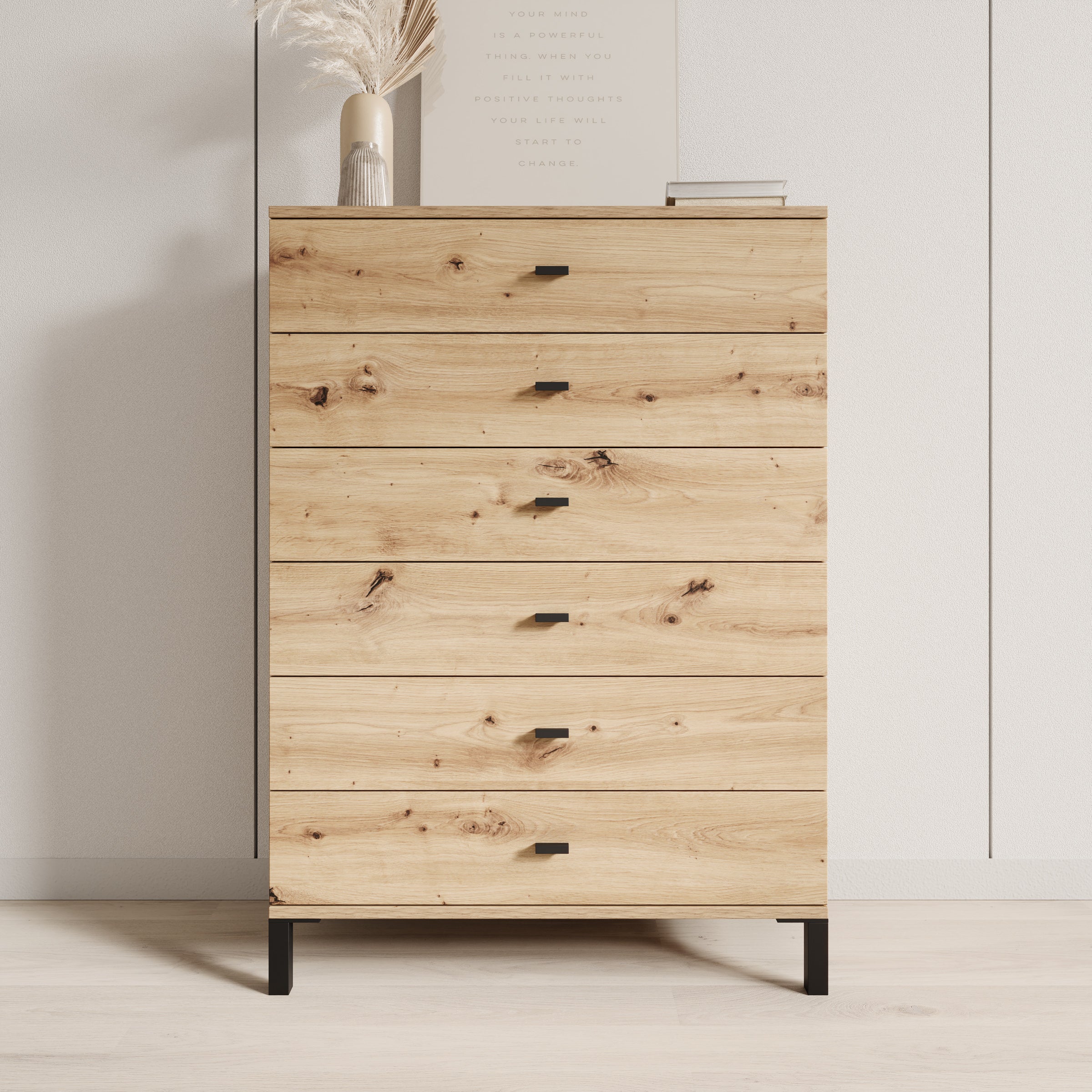 Avellio - Ladekast met 6 lades - Eikenpatroon - 77x35x110 cm