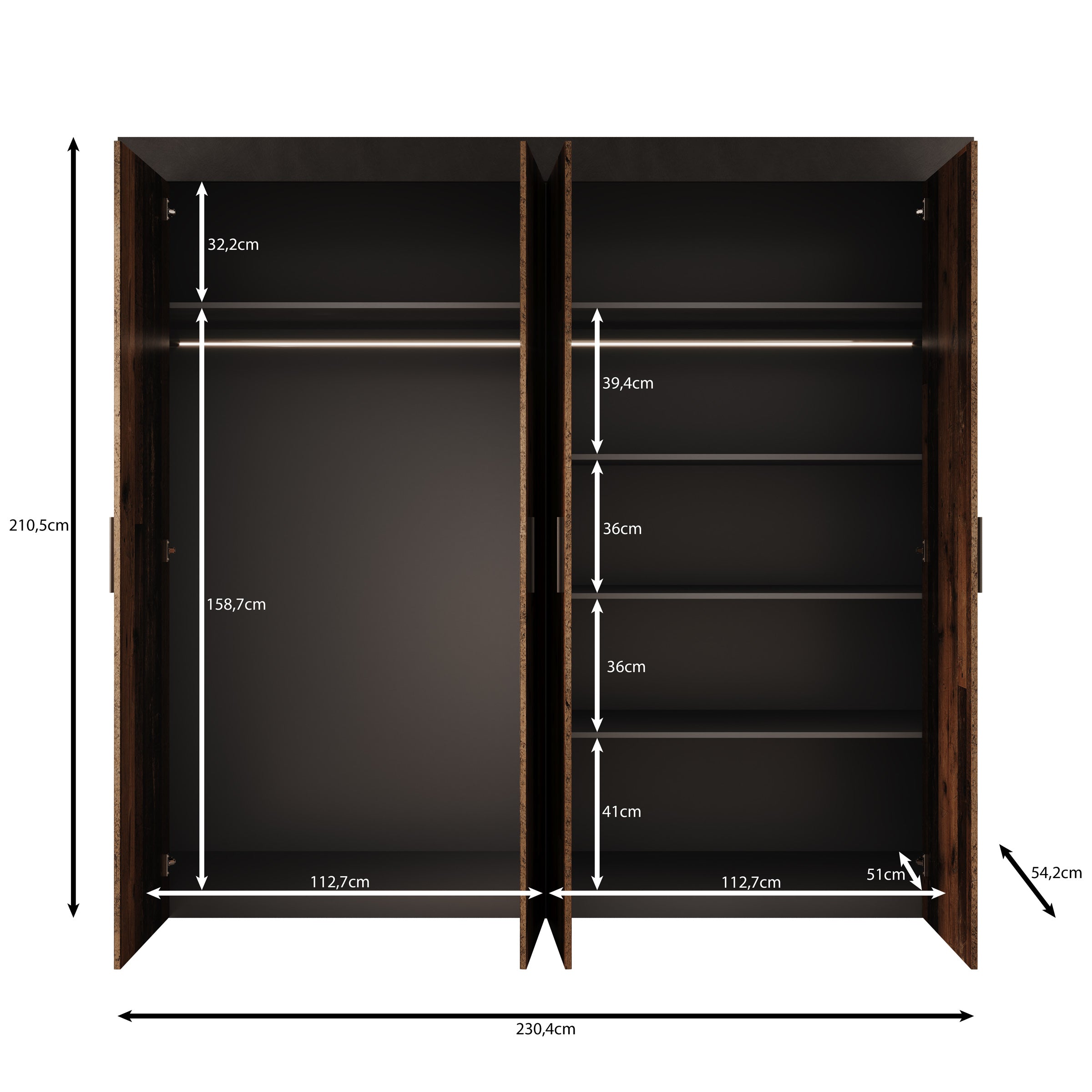 Azen - Kledingkast 4 deurs - Eikenpatroon - 230x54x211 cm