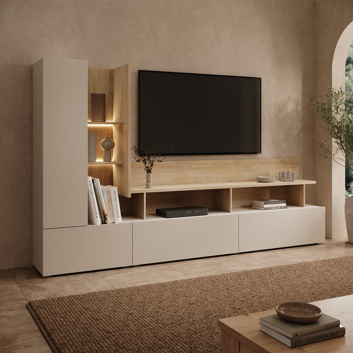 Bandabou - Wandmeubel met verlichting - Beige/Licht eikenpatroon - 270x40x162 cm