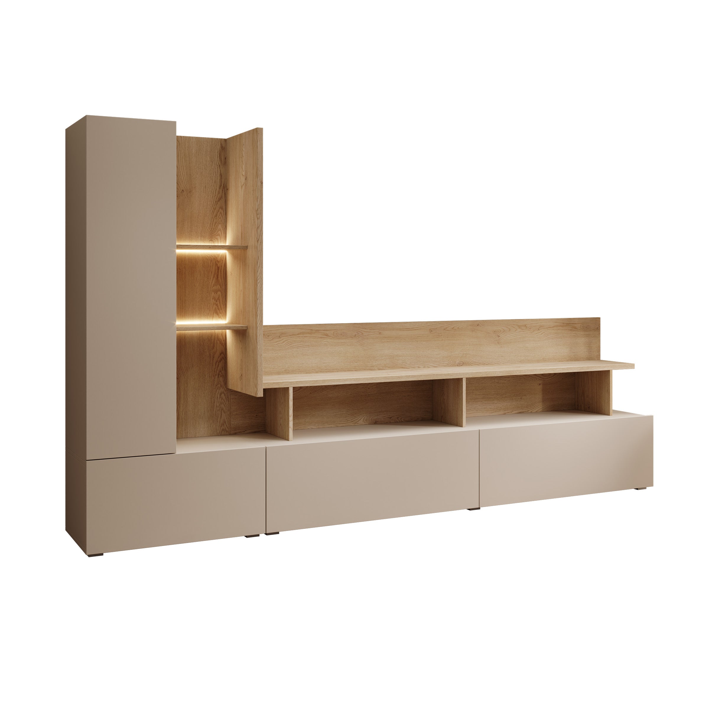 Bandabou - Wandmeubel met verlichting - Beige/Licht eikenpatroon - 270x40x162 cm