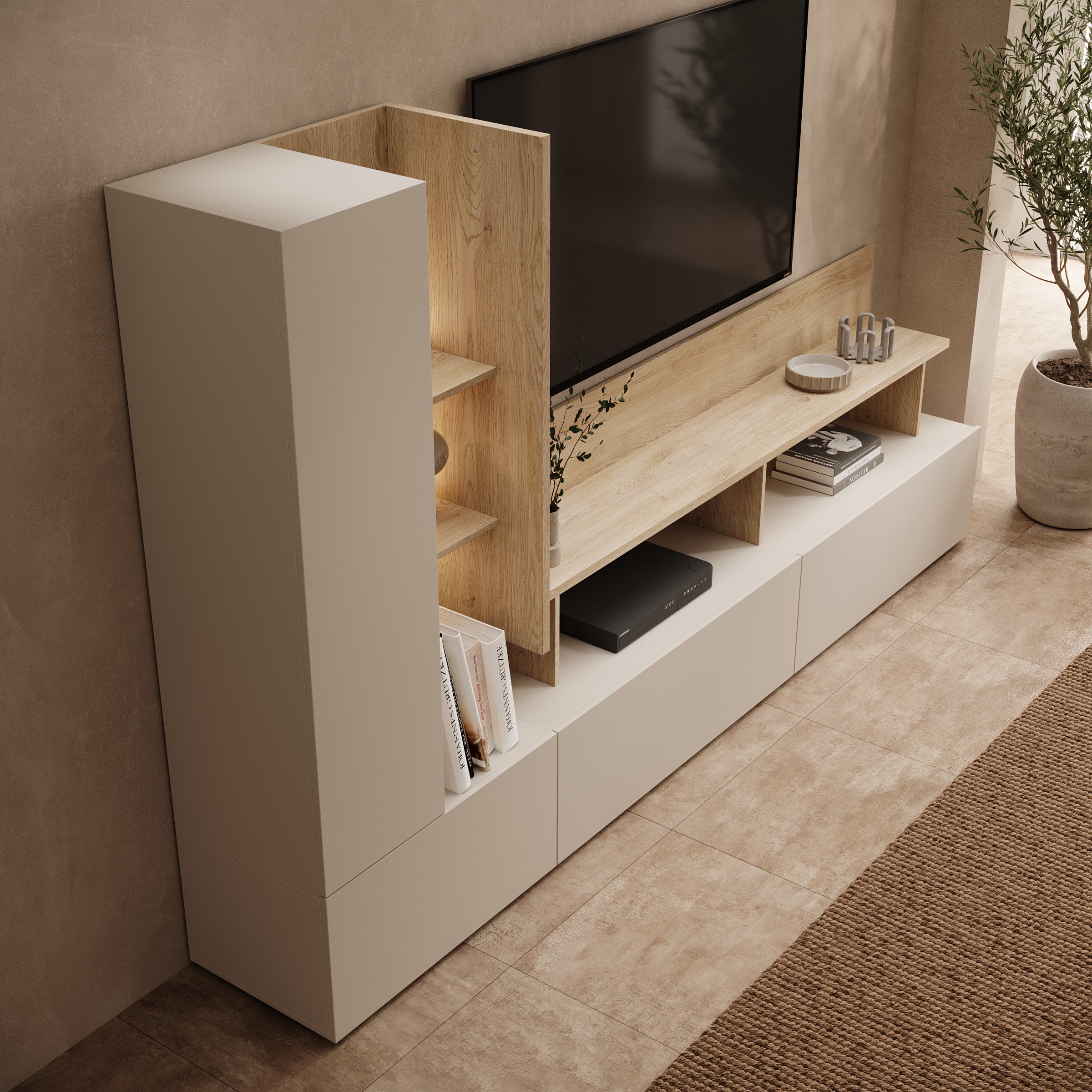 Bandabou - Wandmeubel met verlichting - Beige/Licht eikenpatroon - 270x40x162 cm