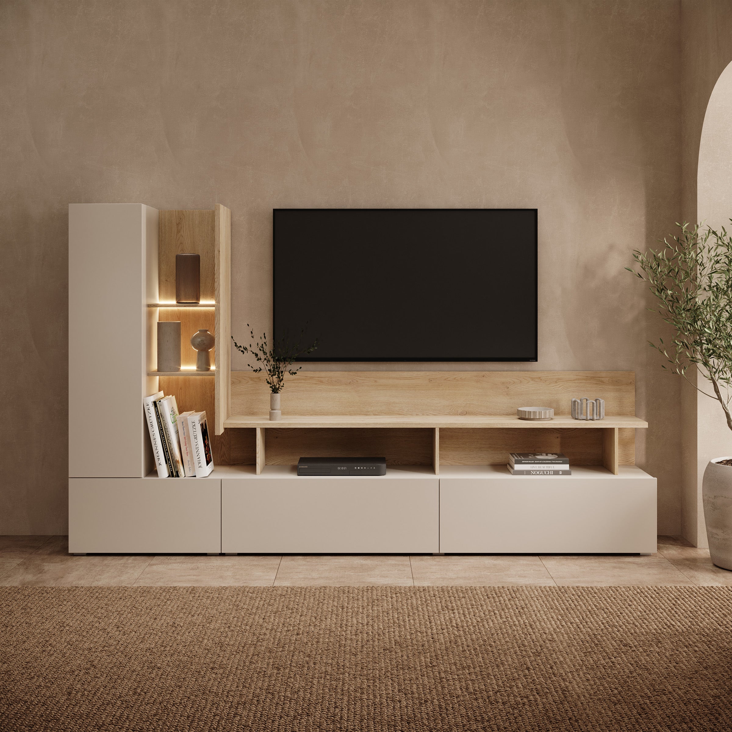 Bandabou - Wandmeubel met verlichting - Beige/Licht eikenpatroon - 270x40x162 cm