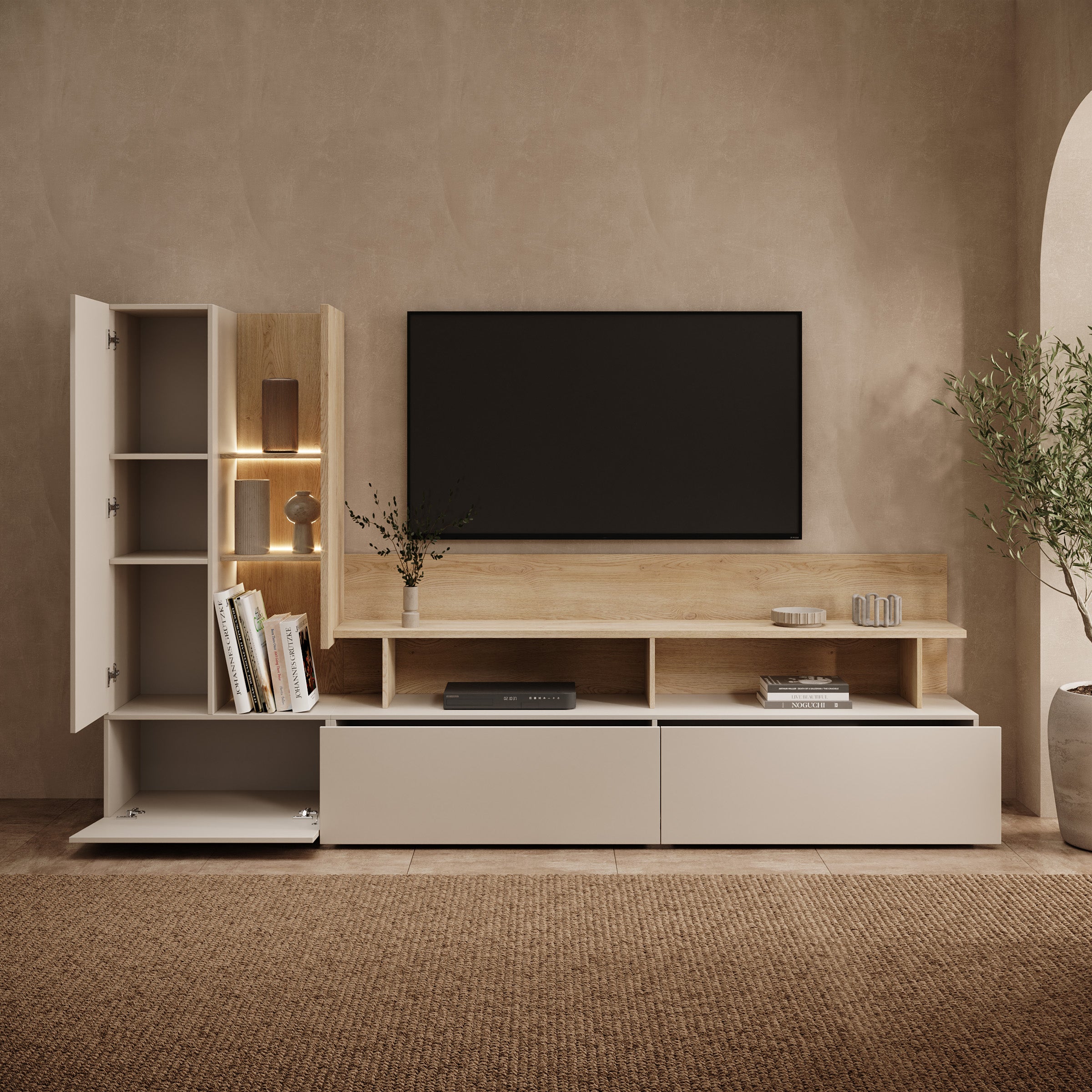 Bandabou - Wandmeubel met verlichting - Beige/Licht eikenpatroon - 270x40x162 cm