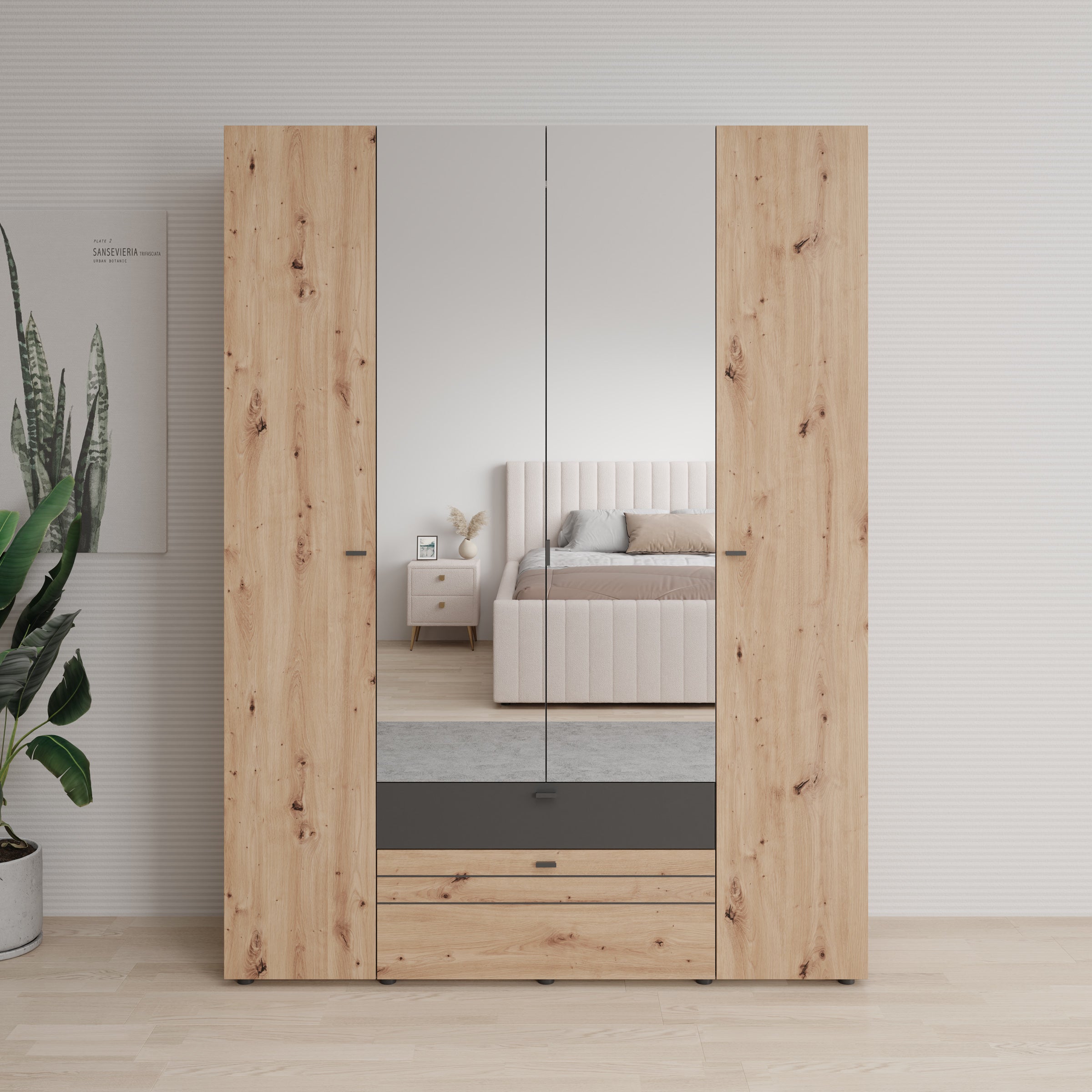 Basmira - Kledingkast met 4 deuren - Eikenpatroon - 155x52x208 cm