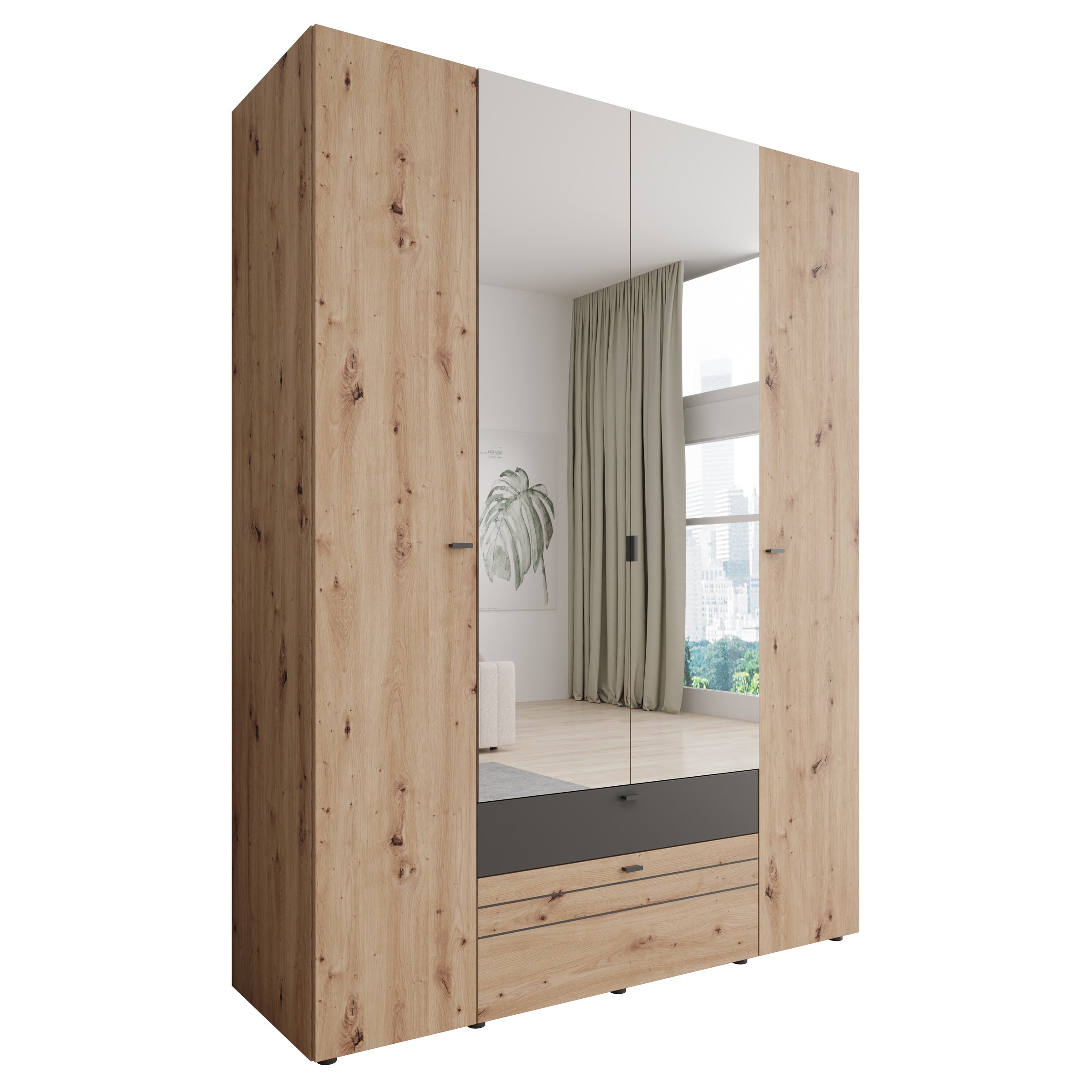 Basmira - Kledingkast met 4 deuren - Eikenpatroon - 155x52x208 cm