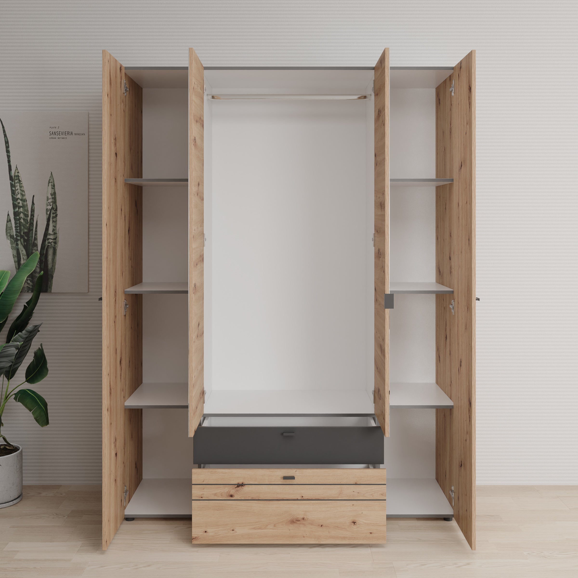 Basmira - Kledingkast met 4 deuren - Eikenpatroon - 155x52x208 cm
