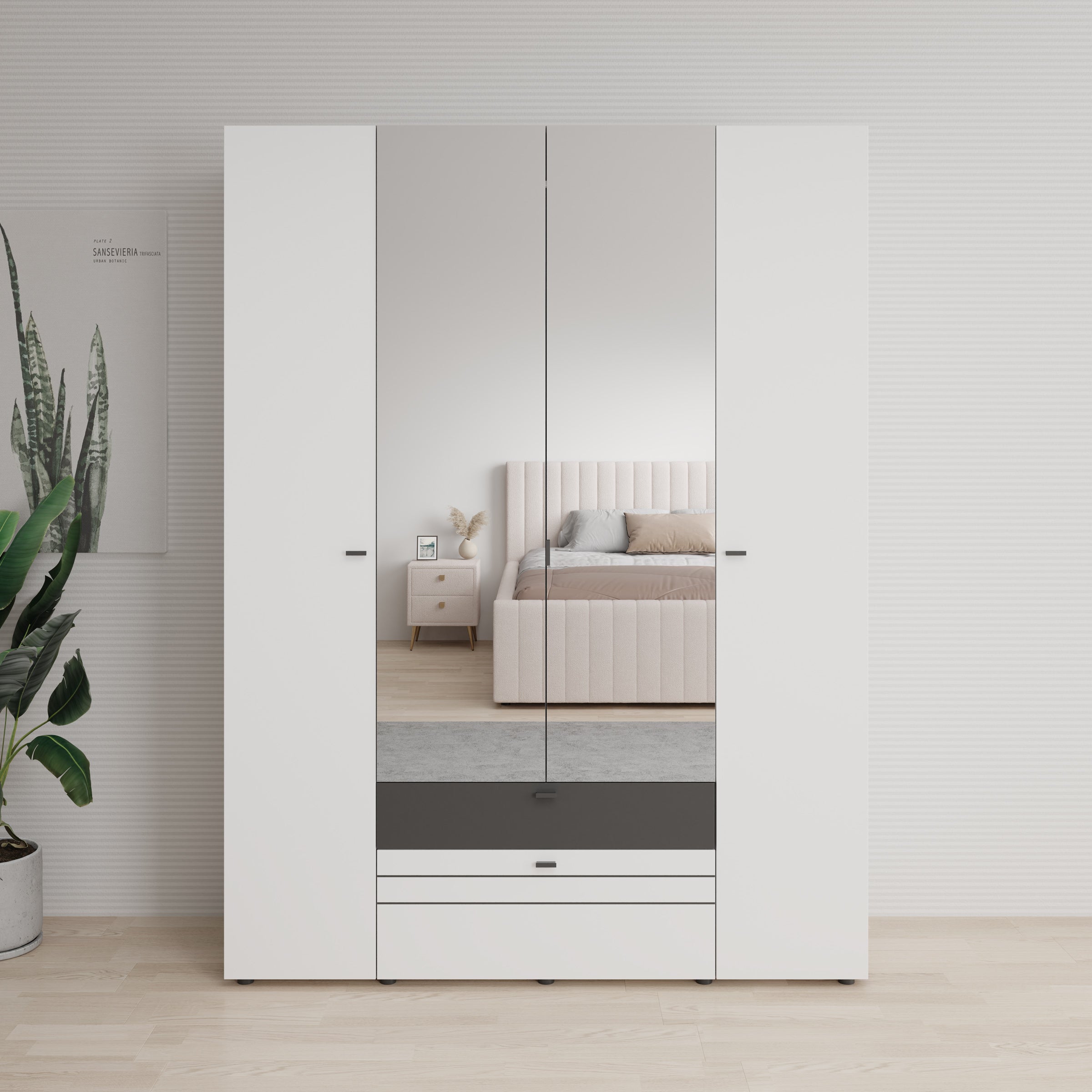 Basmira - Kledingkast met 4 deuren - Wit - 155x52x208 cm
