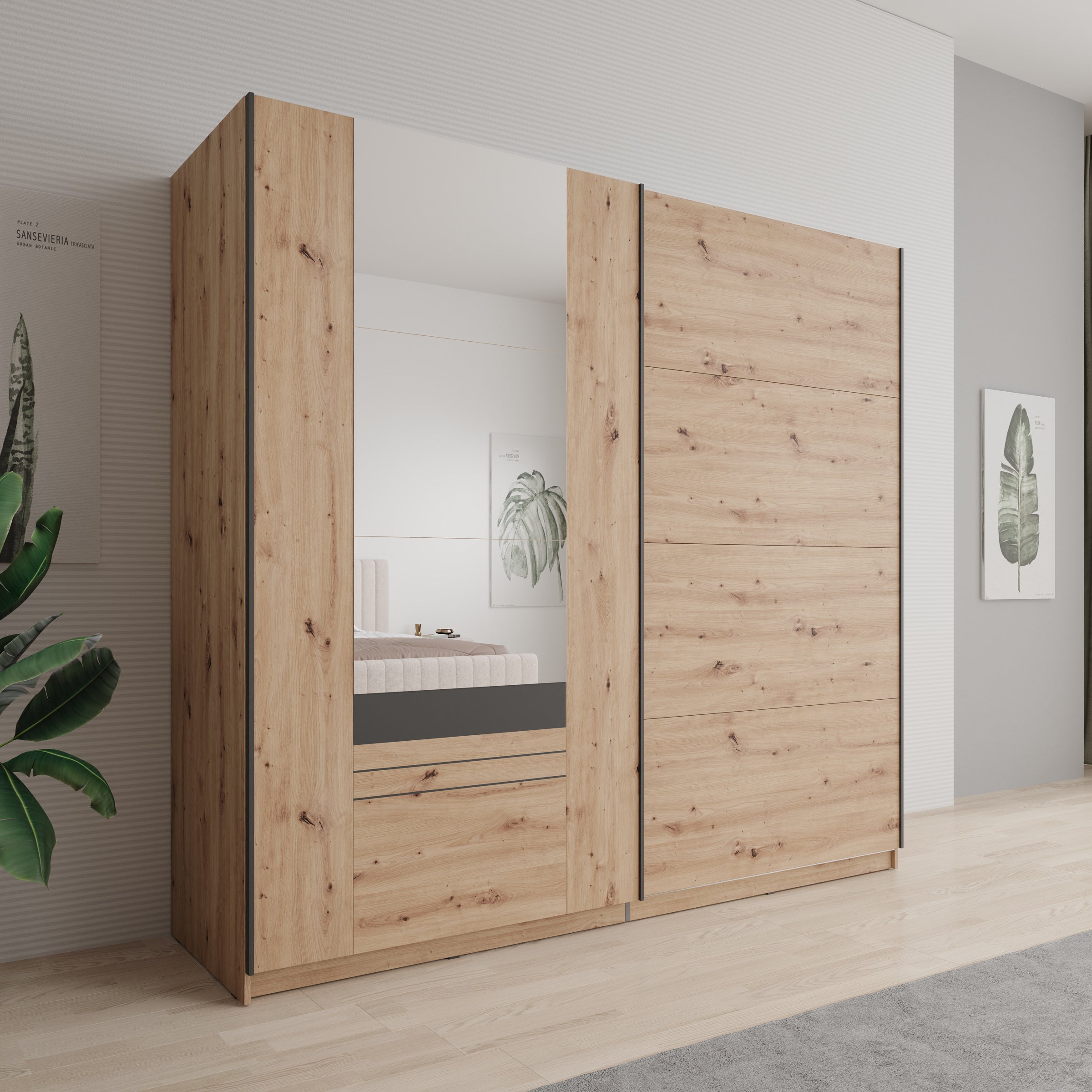 Basmira - Kledingkast met schuifdeuren - Eikenpatroon - 220x62x205 cm