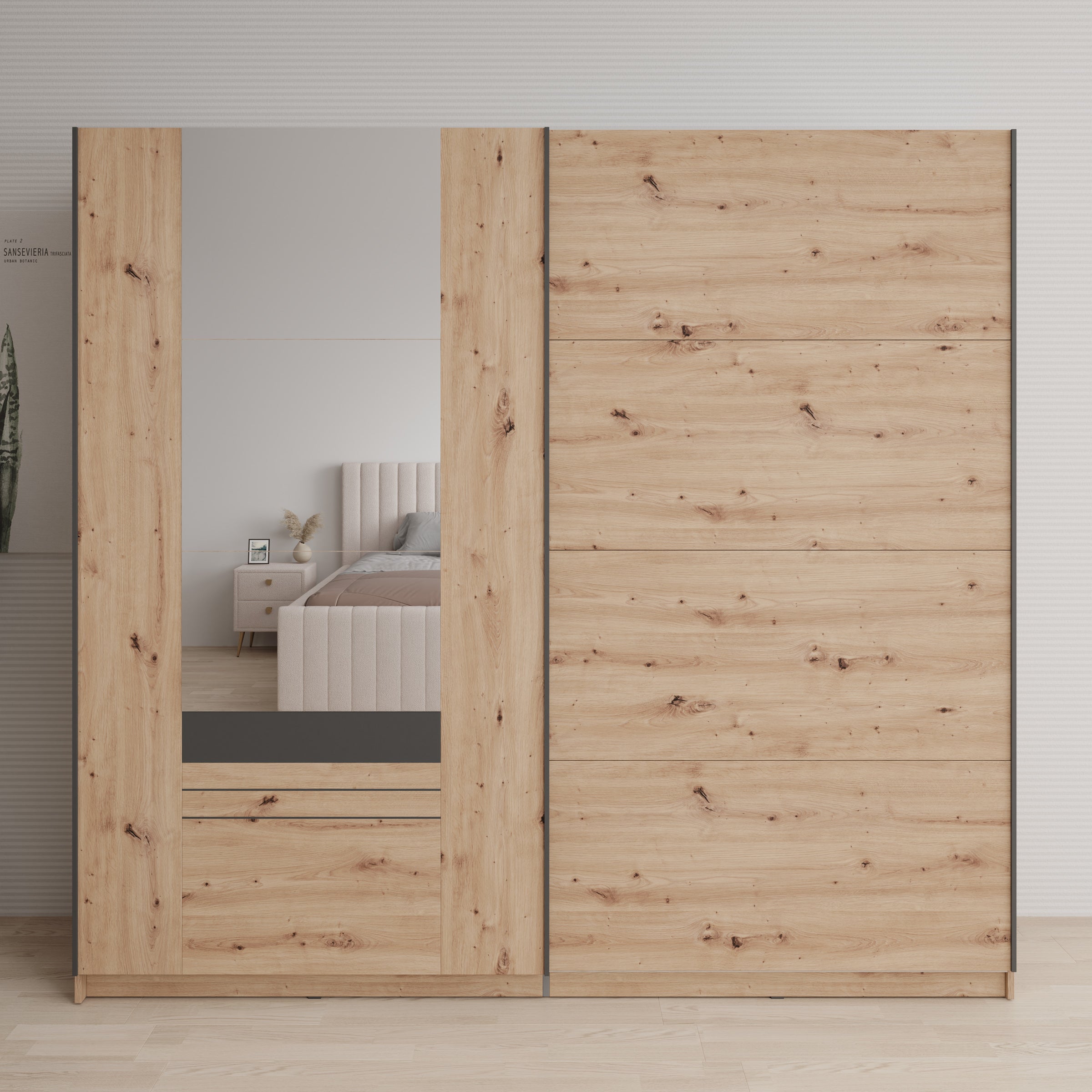 Basmira - Kledingkast met schuifdeuren - Eikenpatroon - 220x62x205 cm