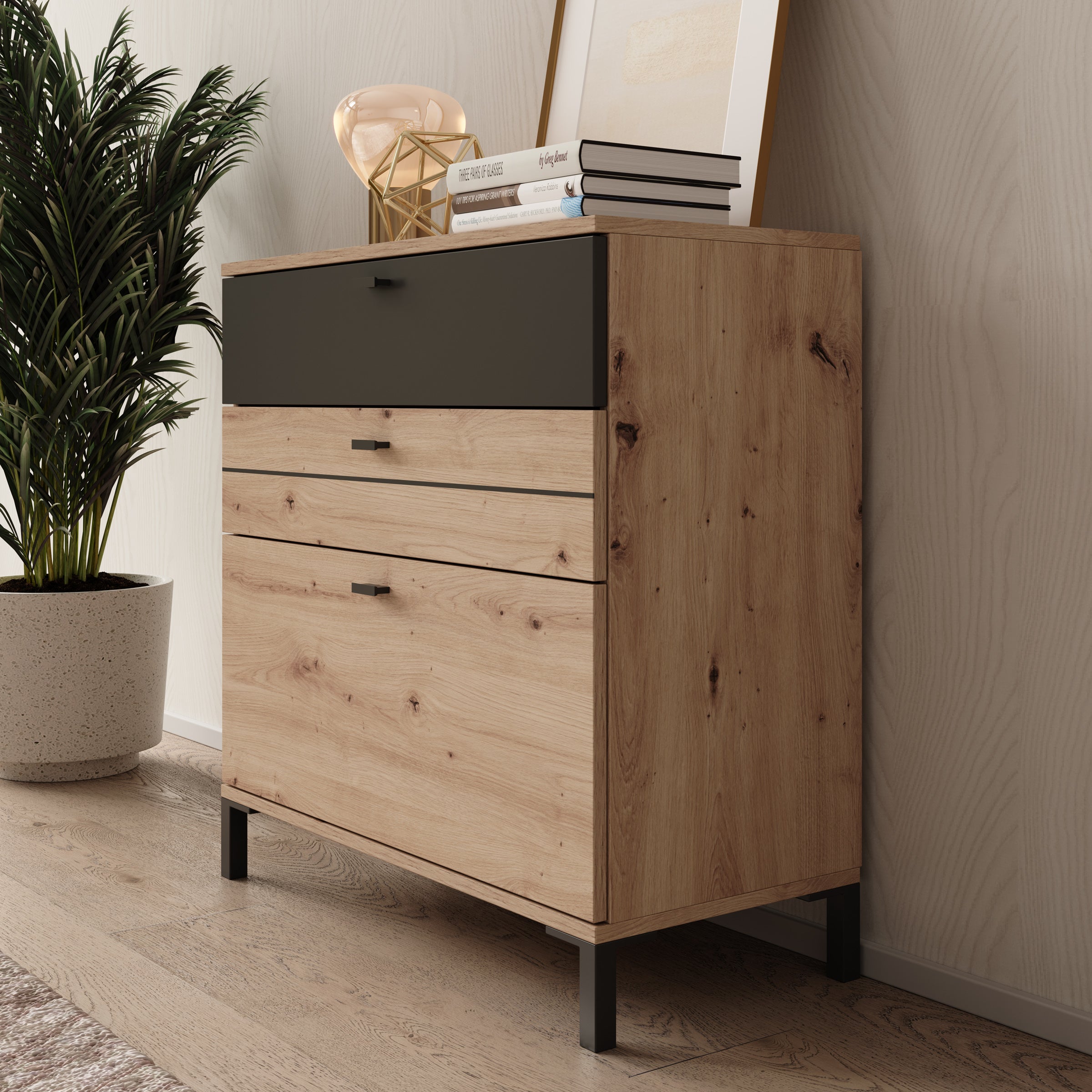 Basmira - Ladekast met 3 lades - Eikenpatroon - 77x35x78 cm