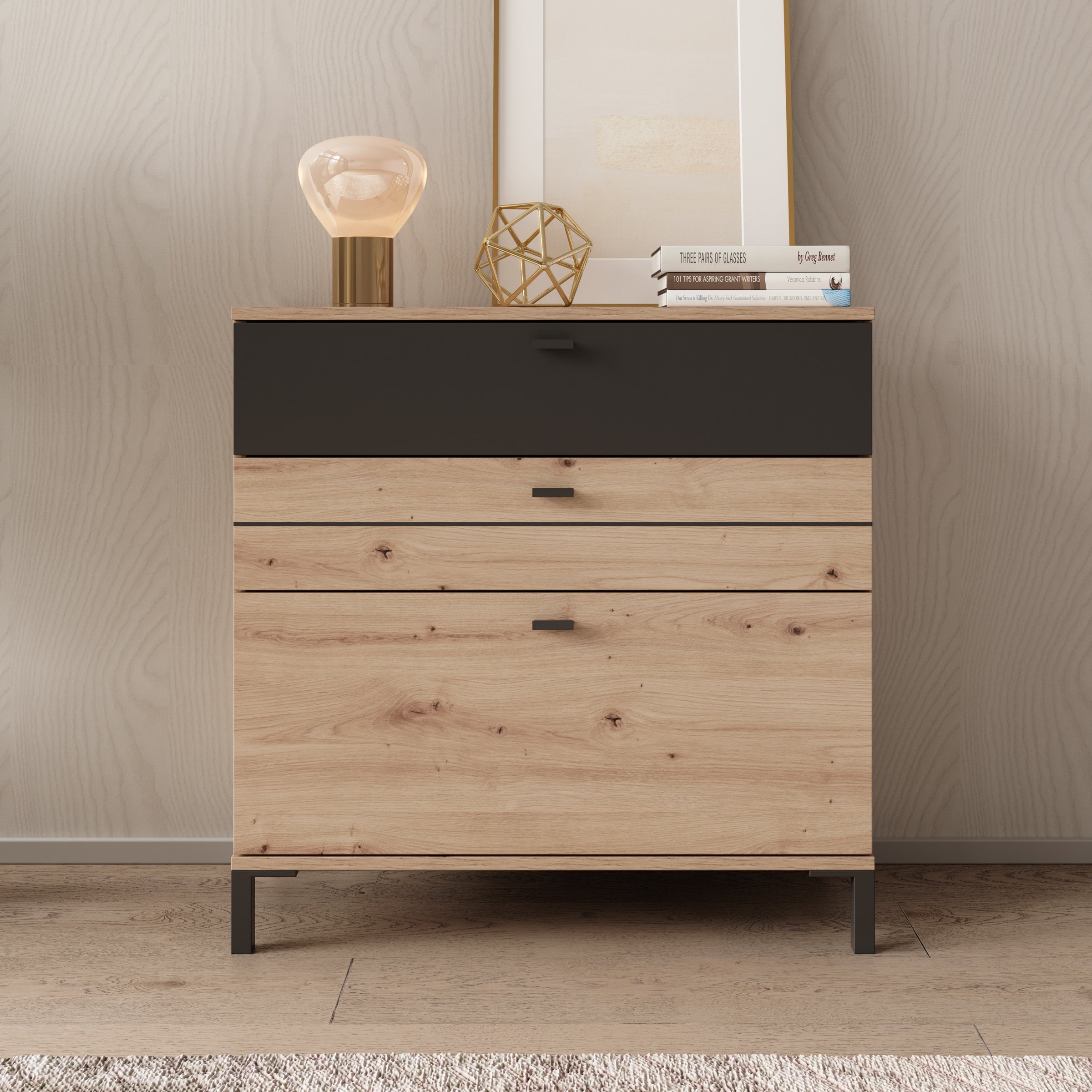 Basmira - Ladekast met 3 lades - Eikenpatroon - 77x35x78 cm
