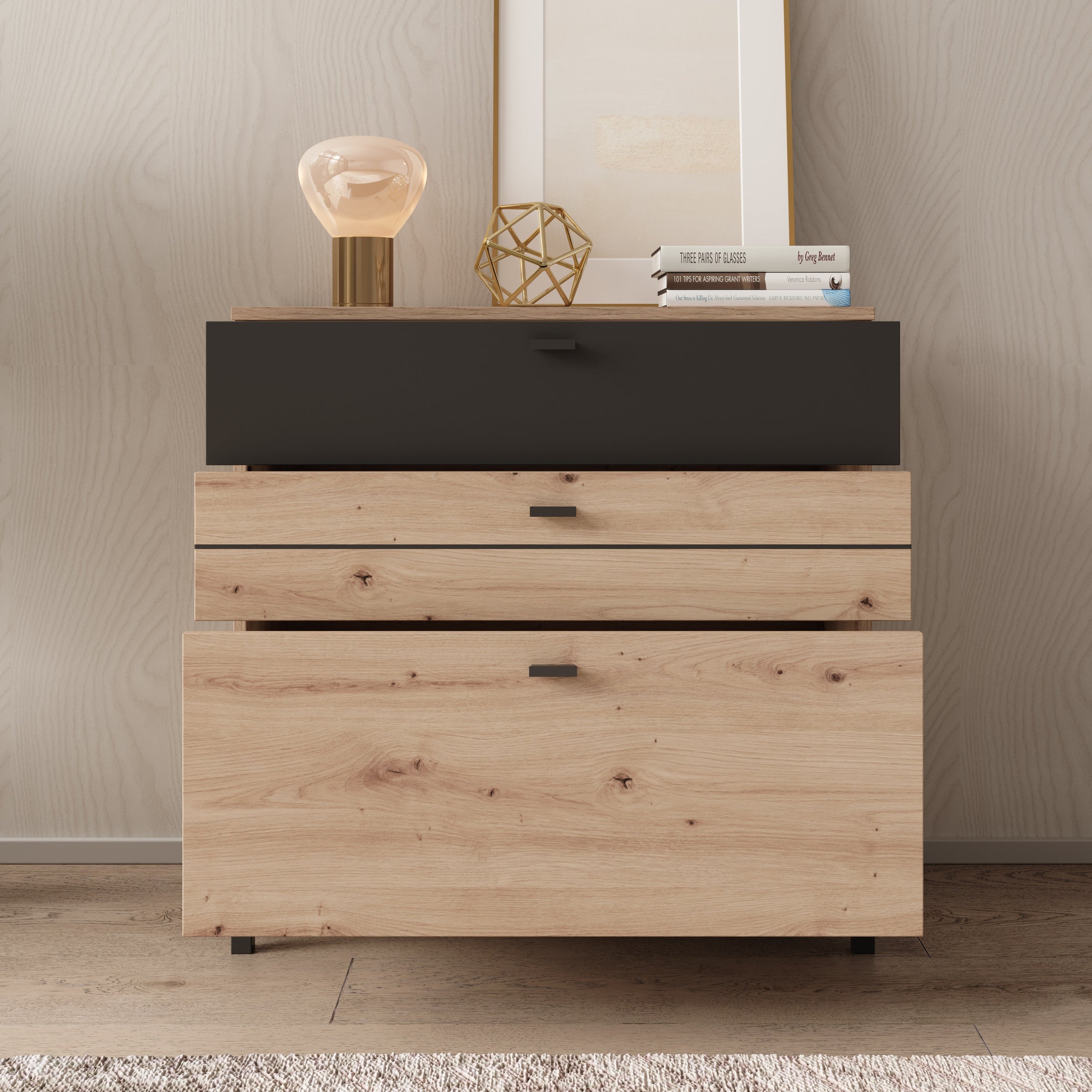 Basmira - Ladekast met 3 lades - Eikenpatroon - 77x35x78 cm