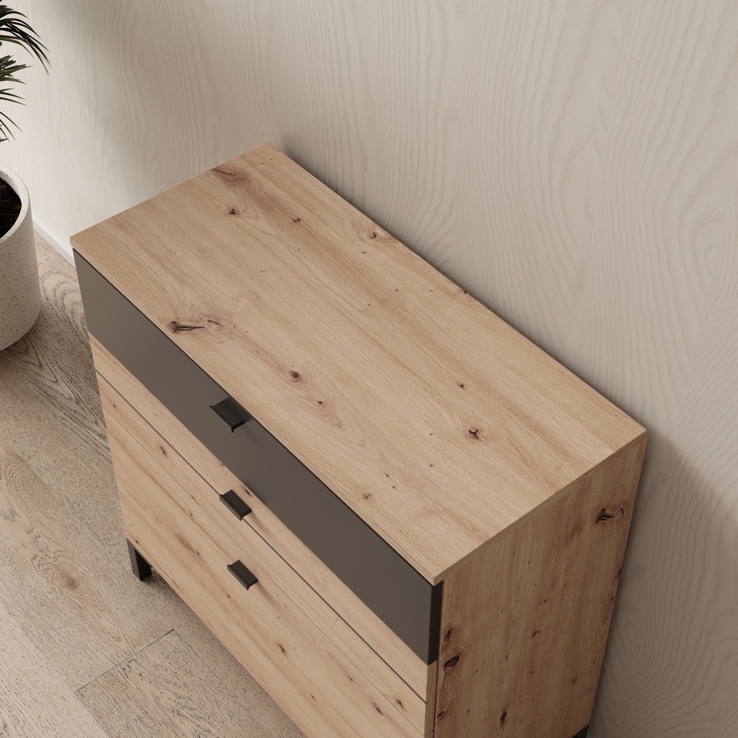 Basmira - Ladekast met 3 lades - Eikenpatroon - 77x35x78 cm