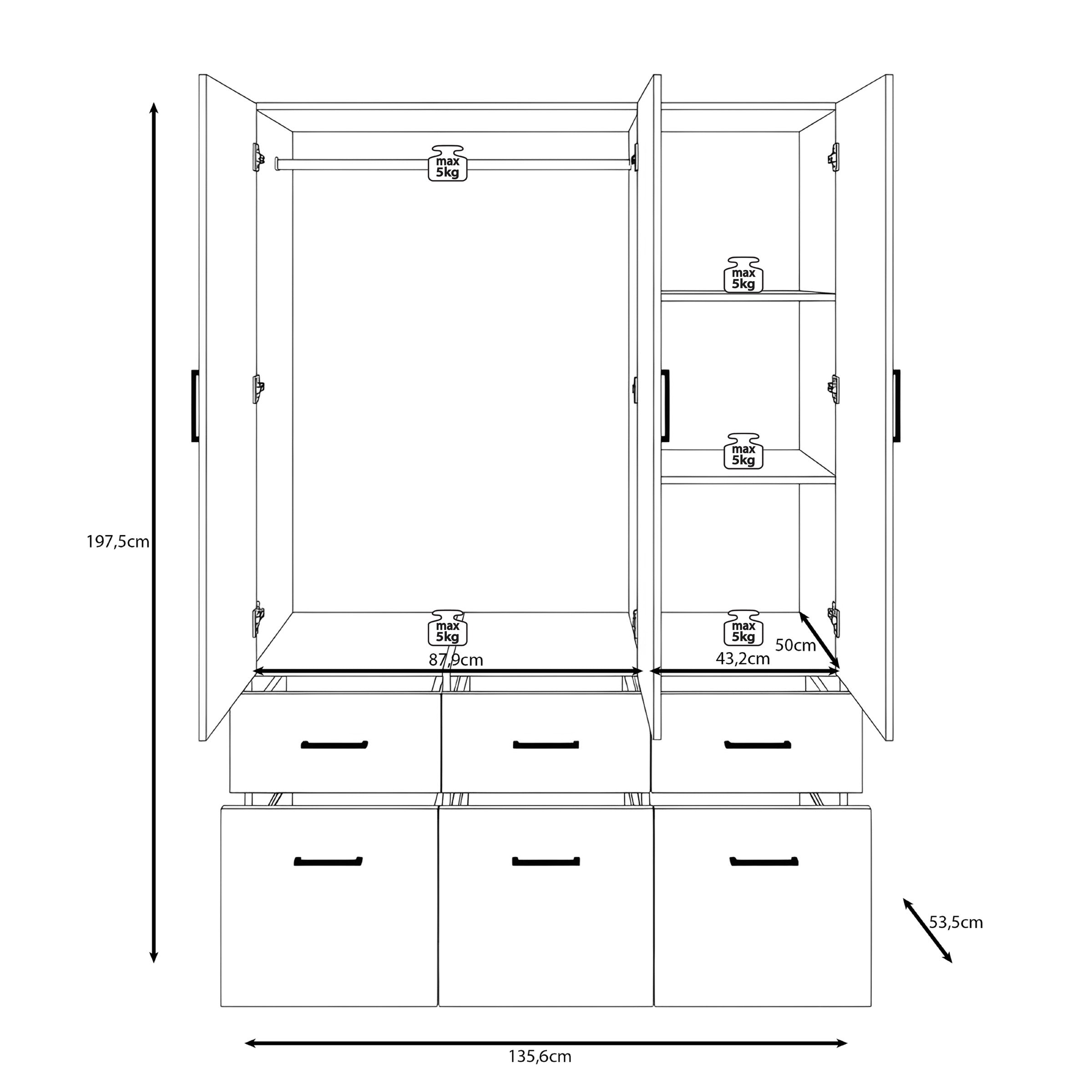 Basora - Kledingkast 3-deurs - Wit - 136x54x198 cm