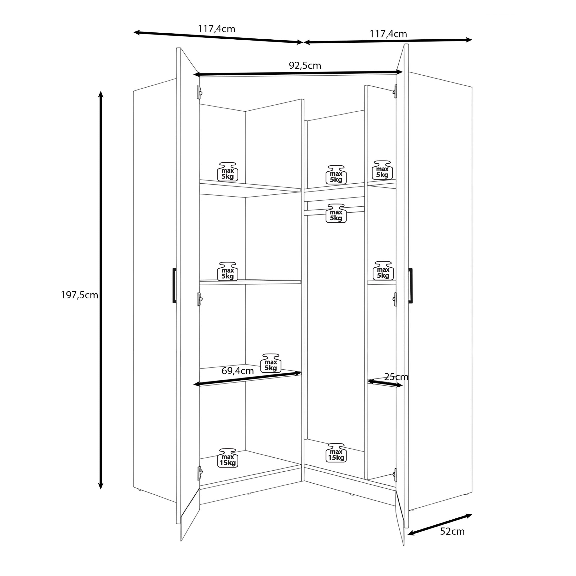 Basora - Kledingkast hoek 2-deurs - Wit - 117x117x198 cm