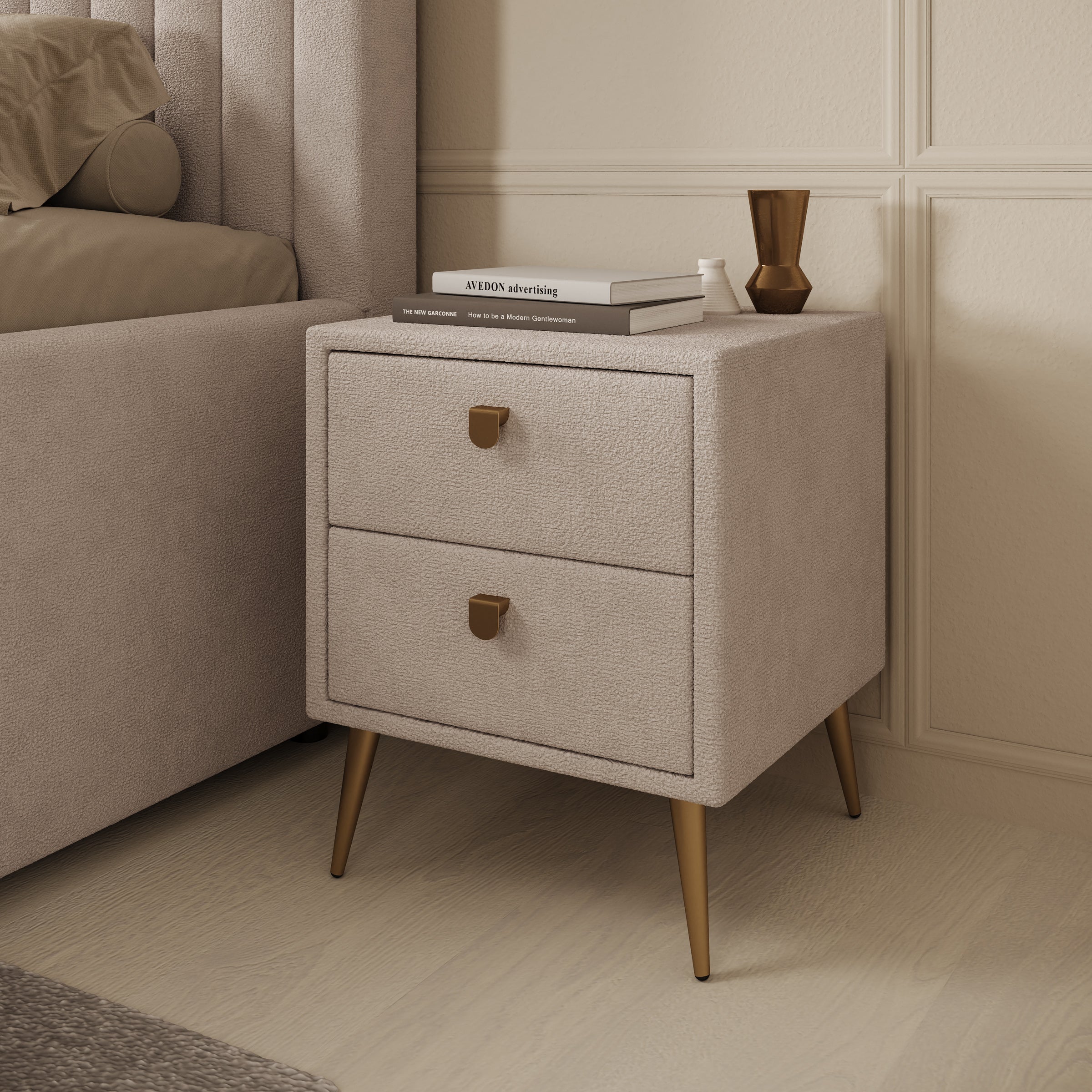 Bavira - Nachtkastje met lades - Stof beige - 41x41x54 cm