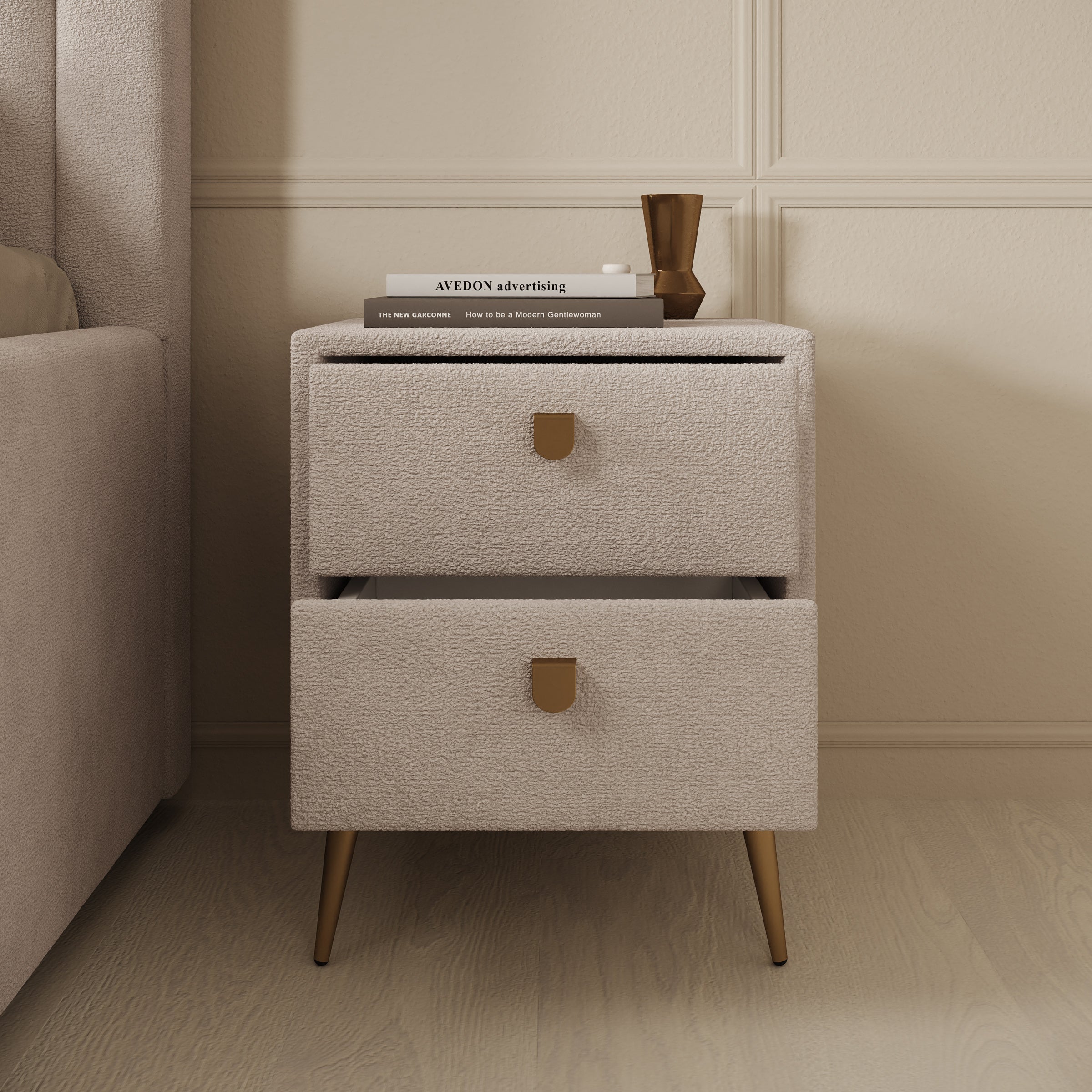 Bavira - Nachtkastje met lades - Stof beige - 41x41x54 cm