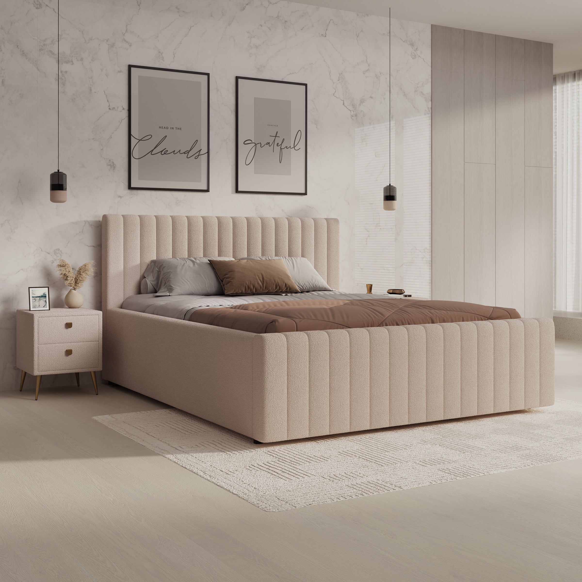 Bavira - Tweepersoonsbed met opbergruimte - Stof beige - 160x200 cm