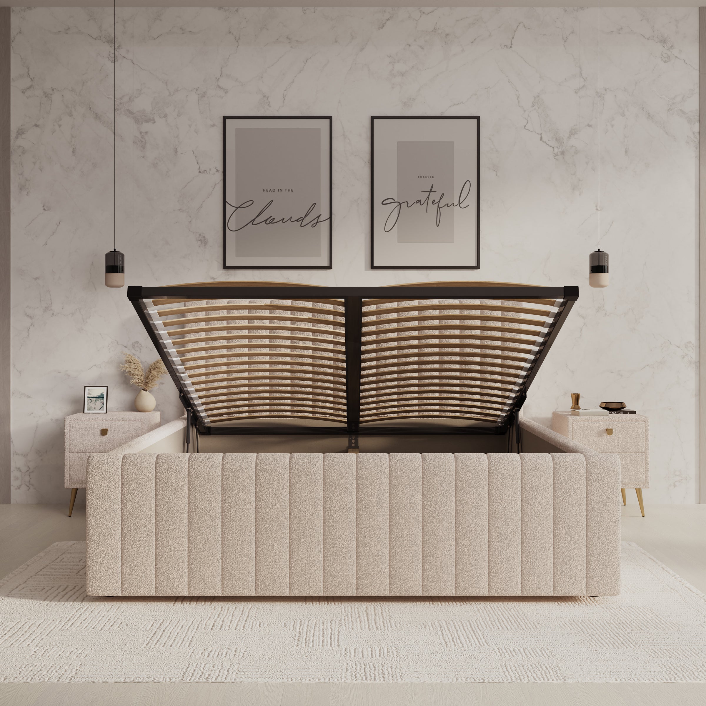 Bavira - Tweepersoonsbed met opbergruimte - Stof beige - 160x200 cm