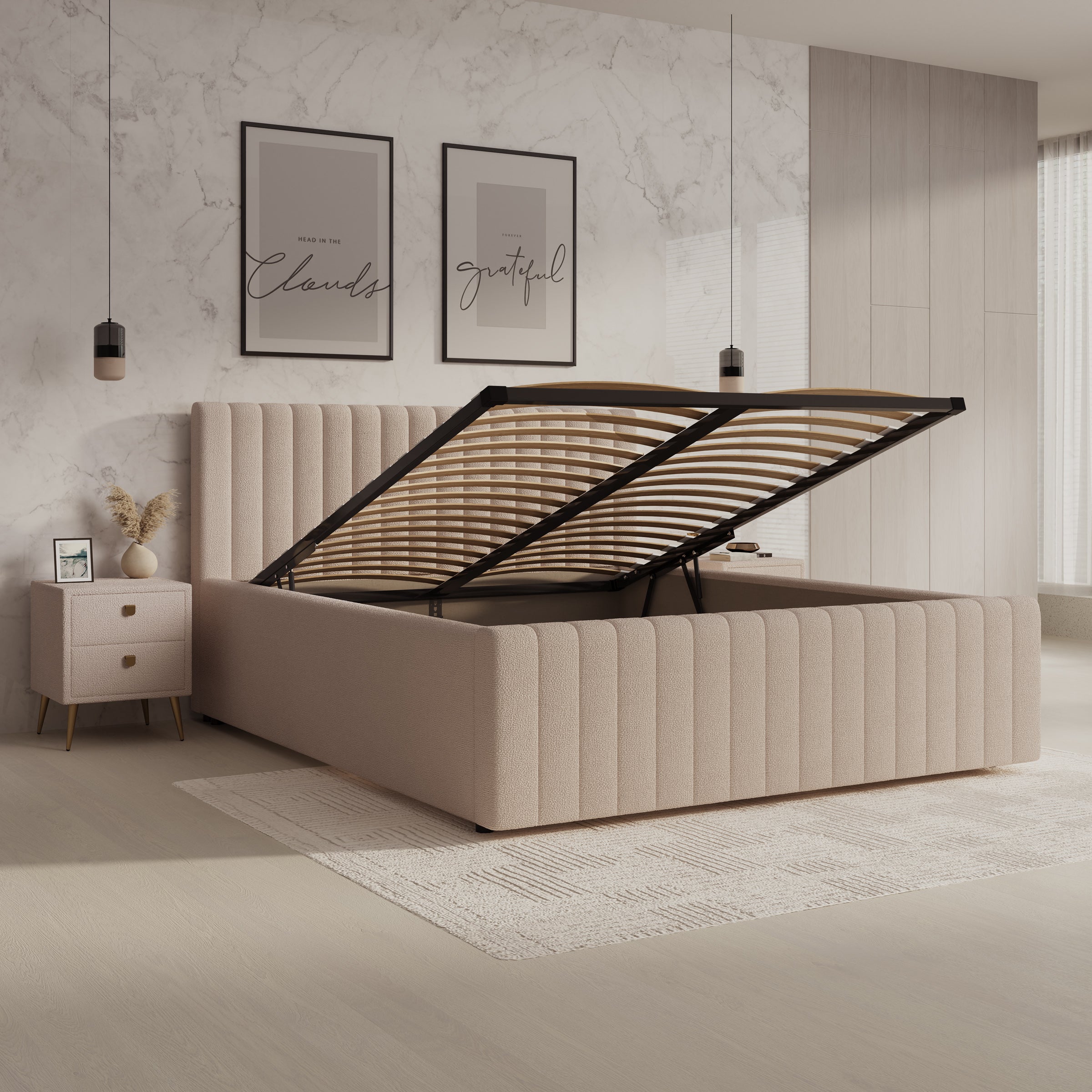 Bavira - Tweepersoonsbed met opbergruimte - Stof beige - 160x200 cm