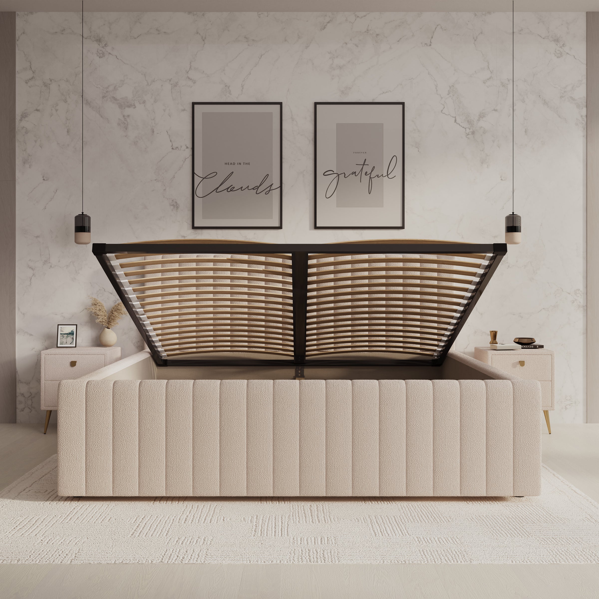Bavira - Tweepersoonsbed met opbergruimte - Stof beige - 180x200 cm