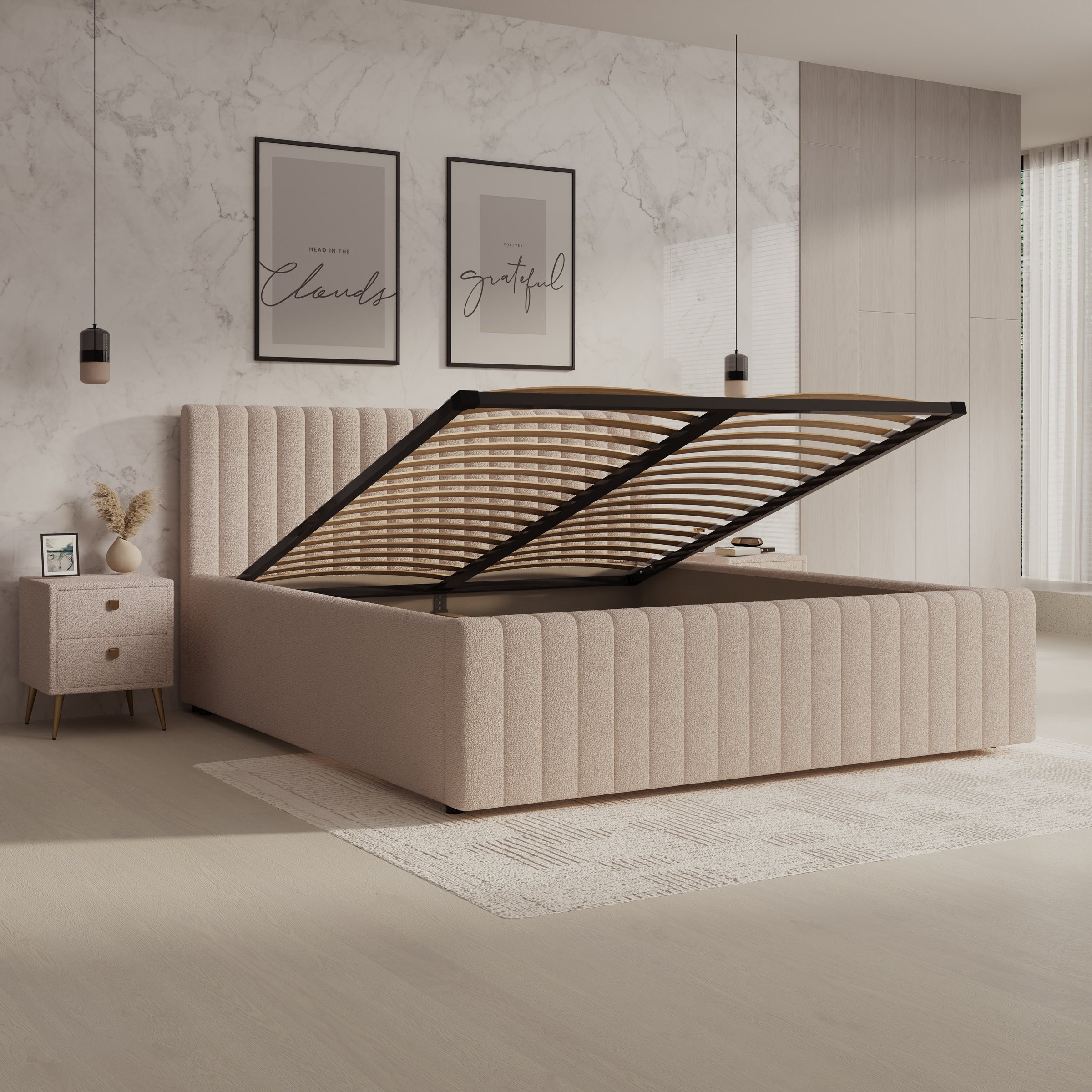 Bavira - Tweepersoonsbed met opbergruimte - Stof beige - 180x200 cm