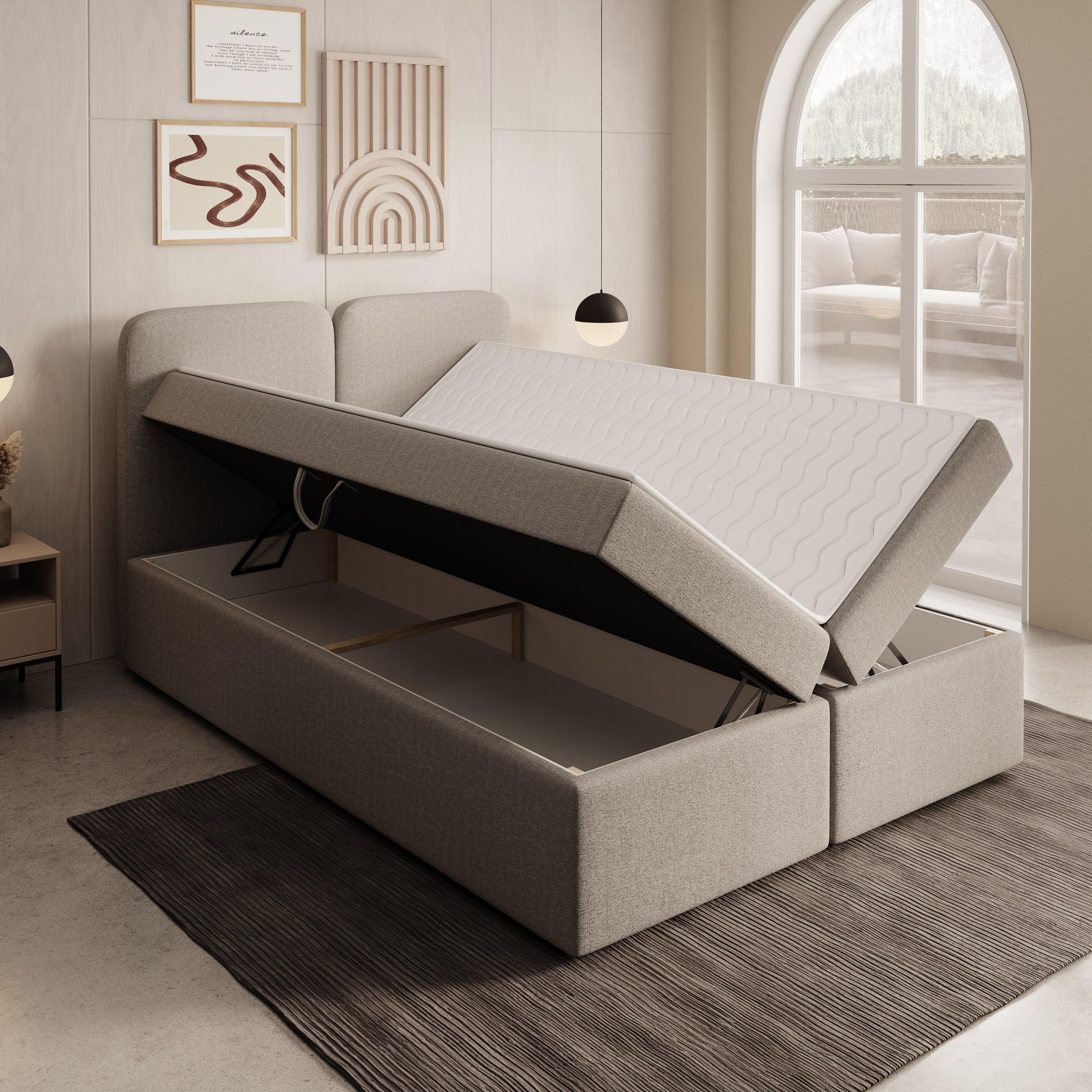 Belgravia - Boxspring met opbergruimte - Stof beige - 140x200 cm