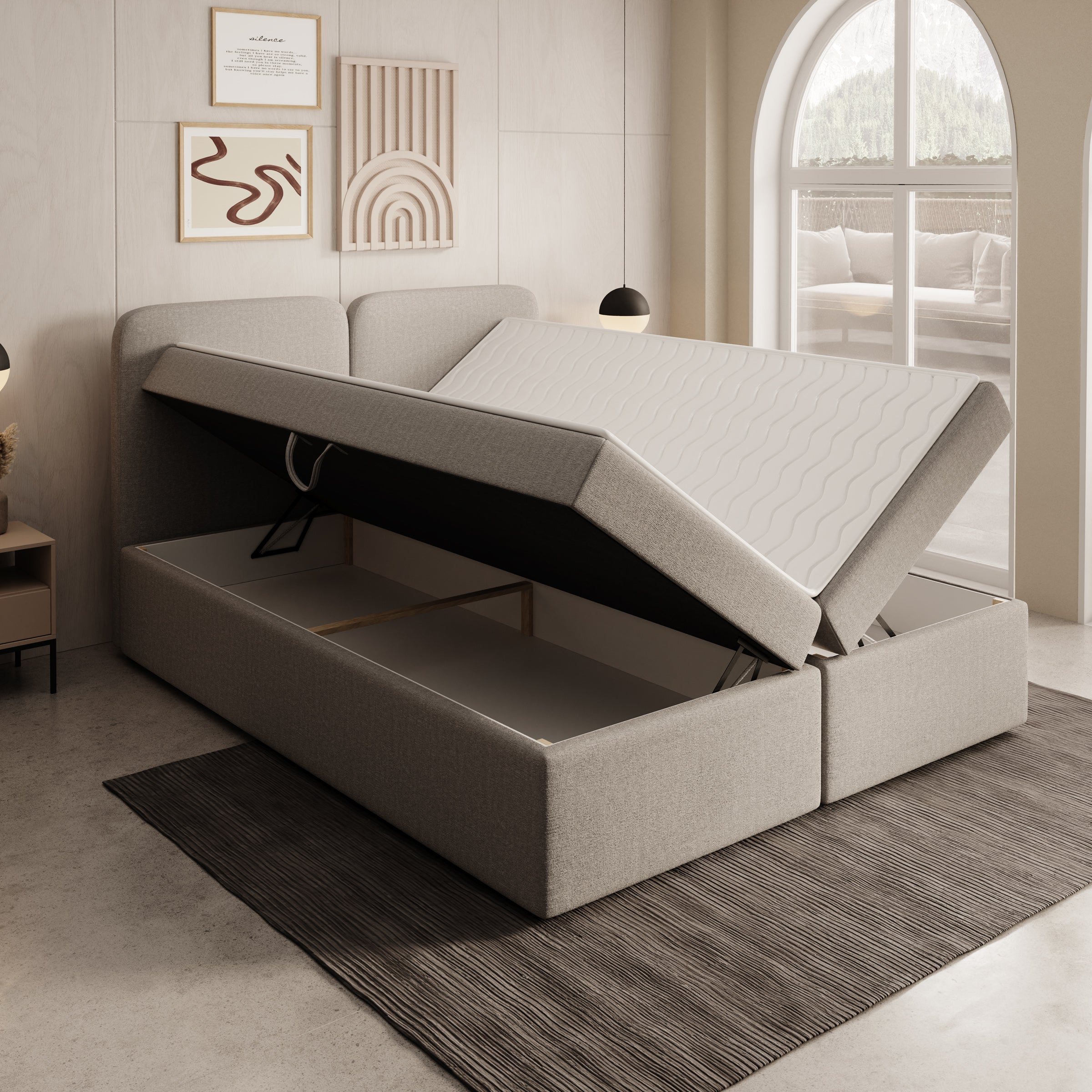 Belgravia - Boxspring met opbergruimte - Stof beige - 160x200 cm