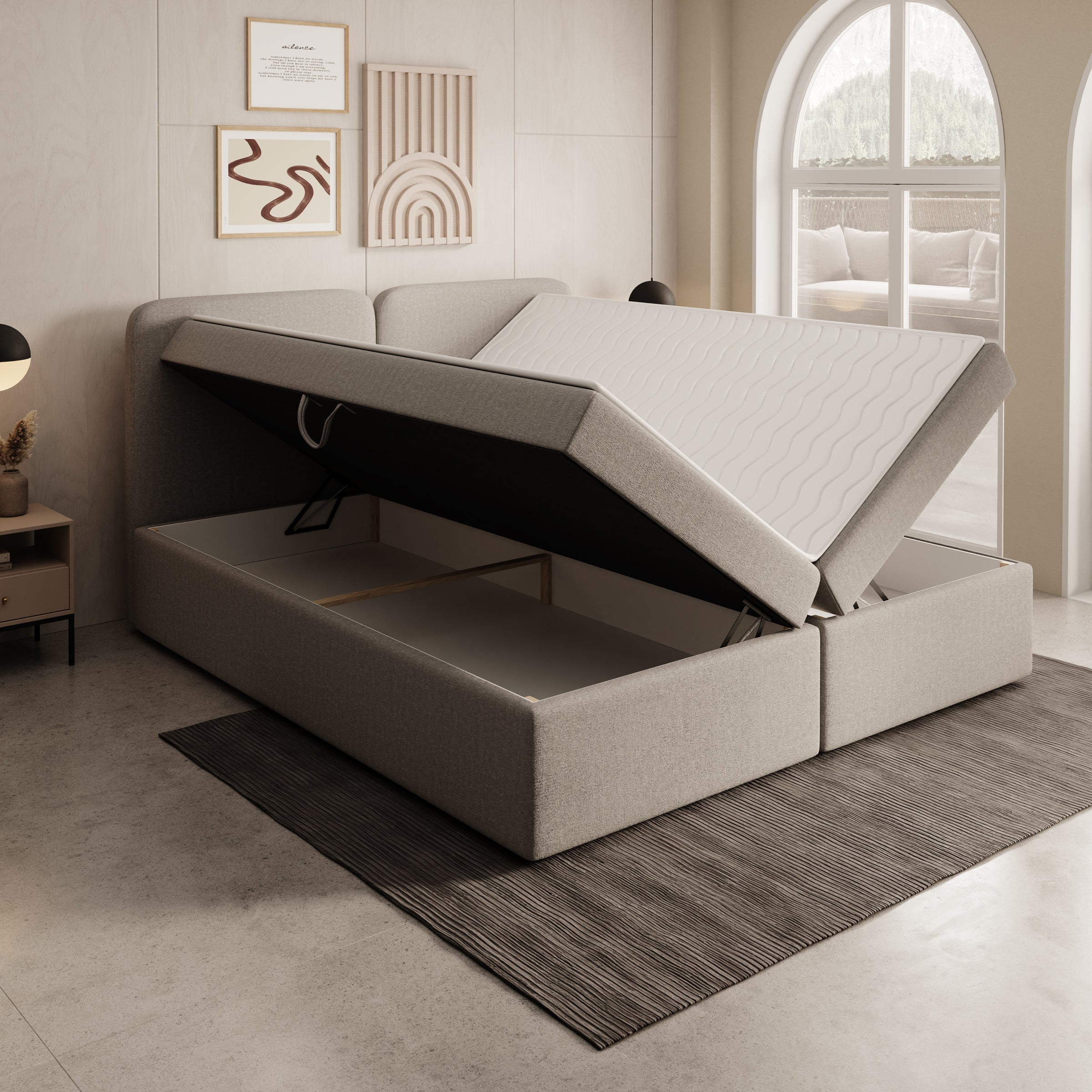 Belgravia - Boxspring met opbergruimte - Stof beige - 180x200 cm