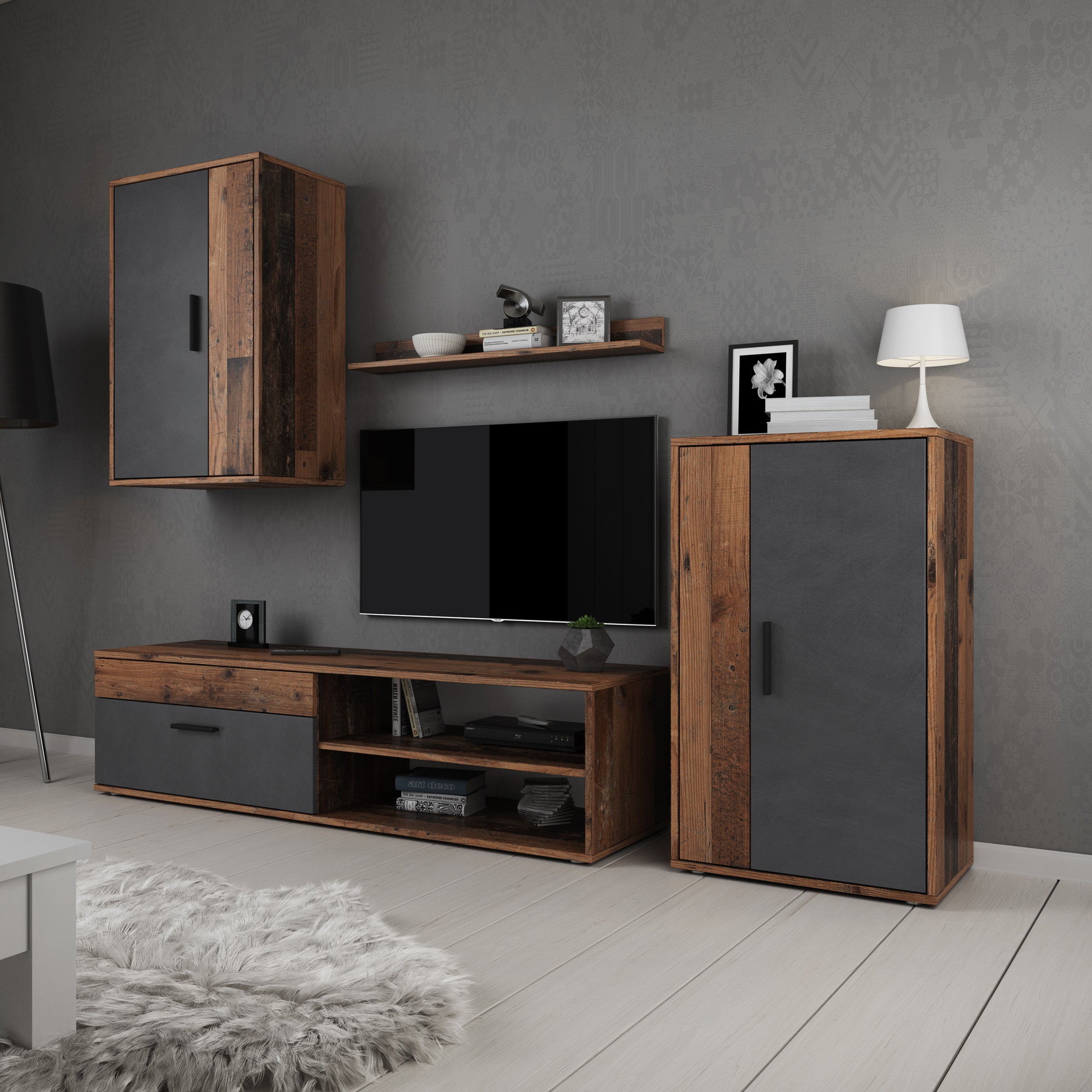 Bellini - Wandmeubel - Grijs/donker old wood - 140x35x39 cm