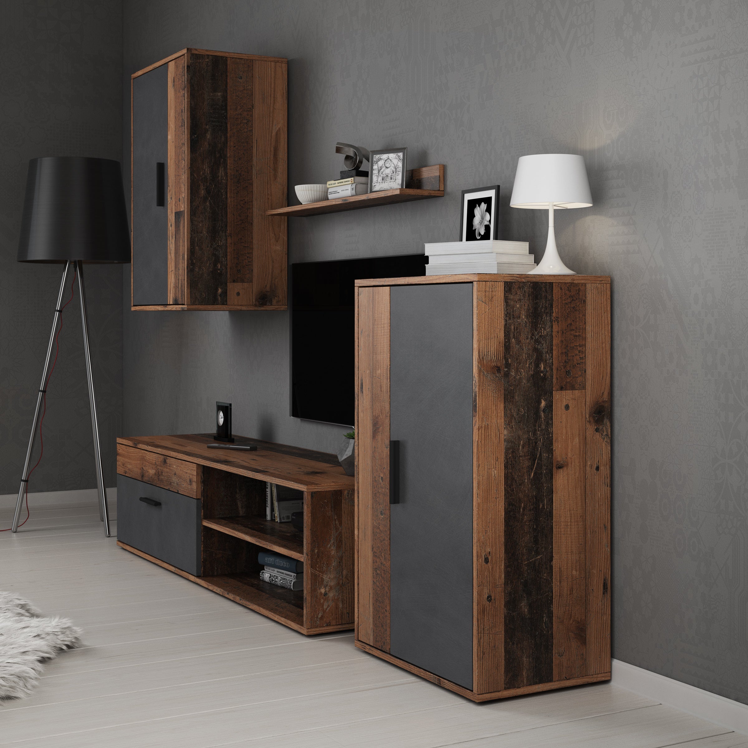 Bellini - Wandmeubel - Grijs/donker old wood - 140x35x39 cm