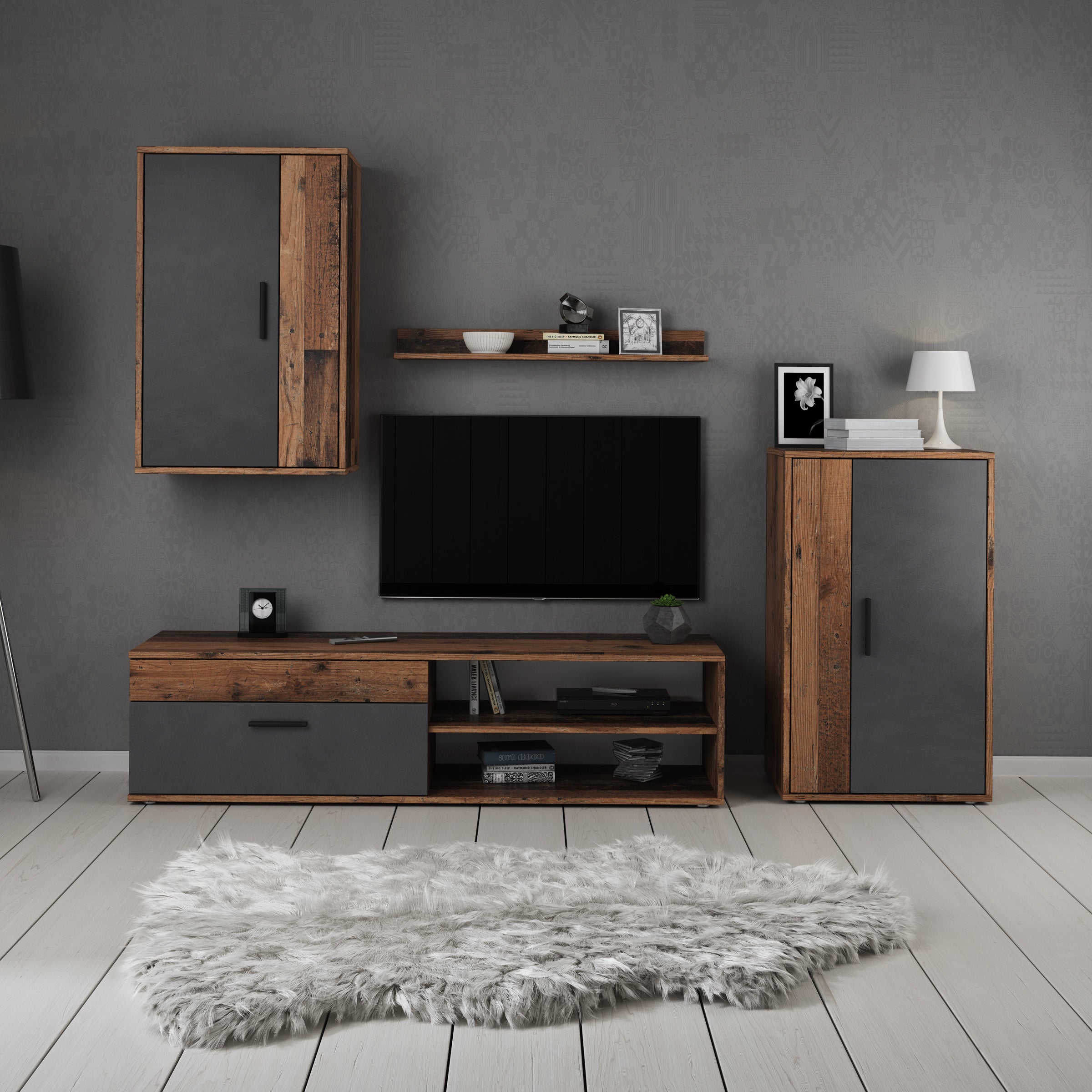 Bellini - Wandmeubel - Grijs/donker old wood - 140x35x39 cm