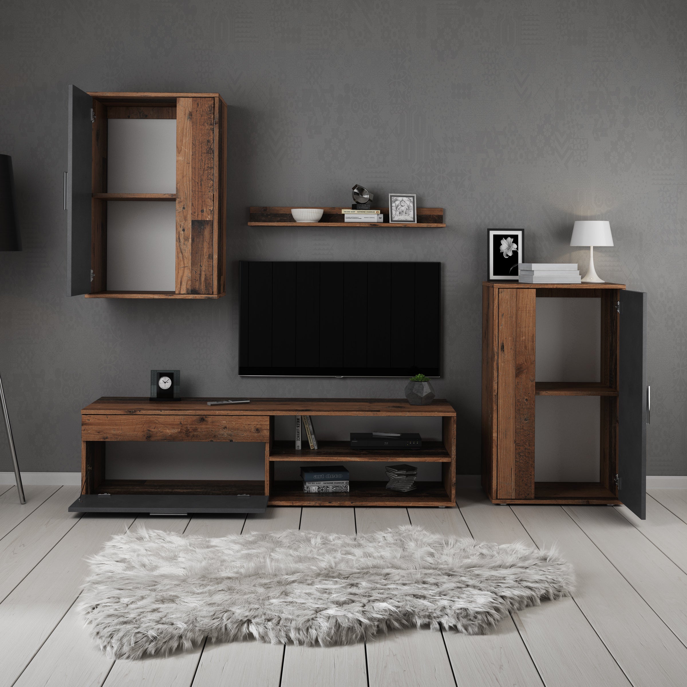 Bellini - Wandmeubel - Grijs/donker old wood - 140x35x39 cm
