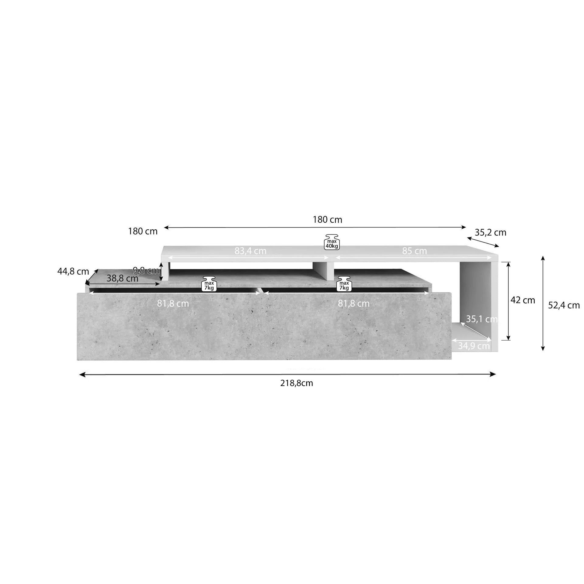 Bello - TV-Meubel met lade - Beton/wit  - 219x45x52 cm