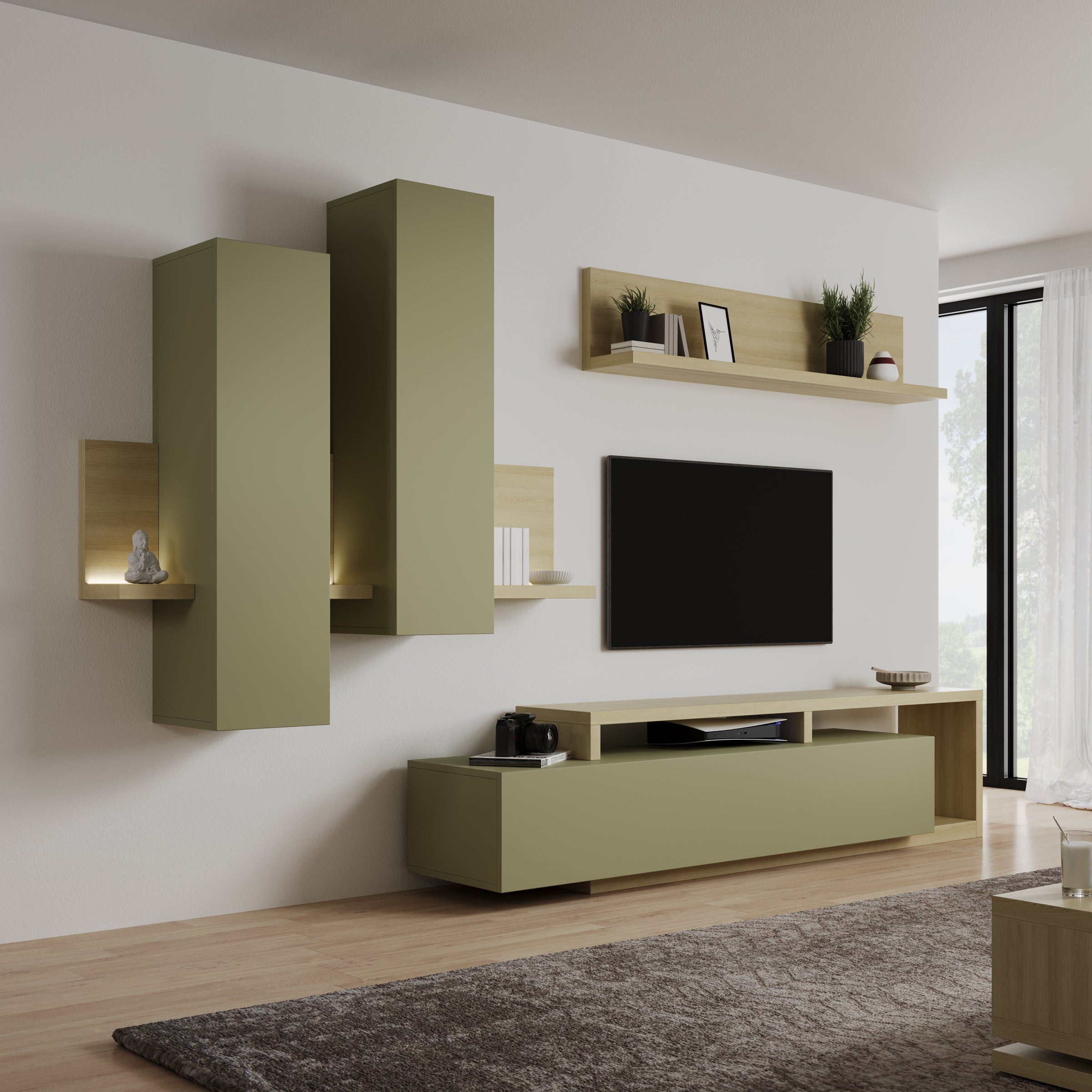 Bello - Wandmeubel - Groen/Eikenpatroon - 219x45x52 cm