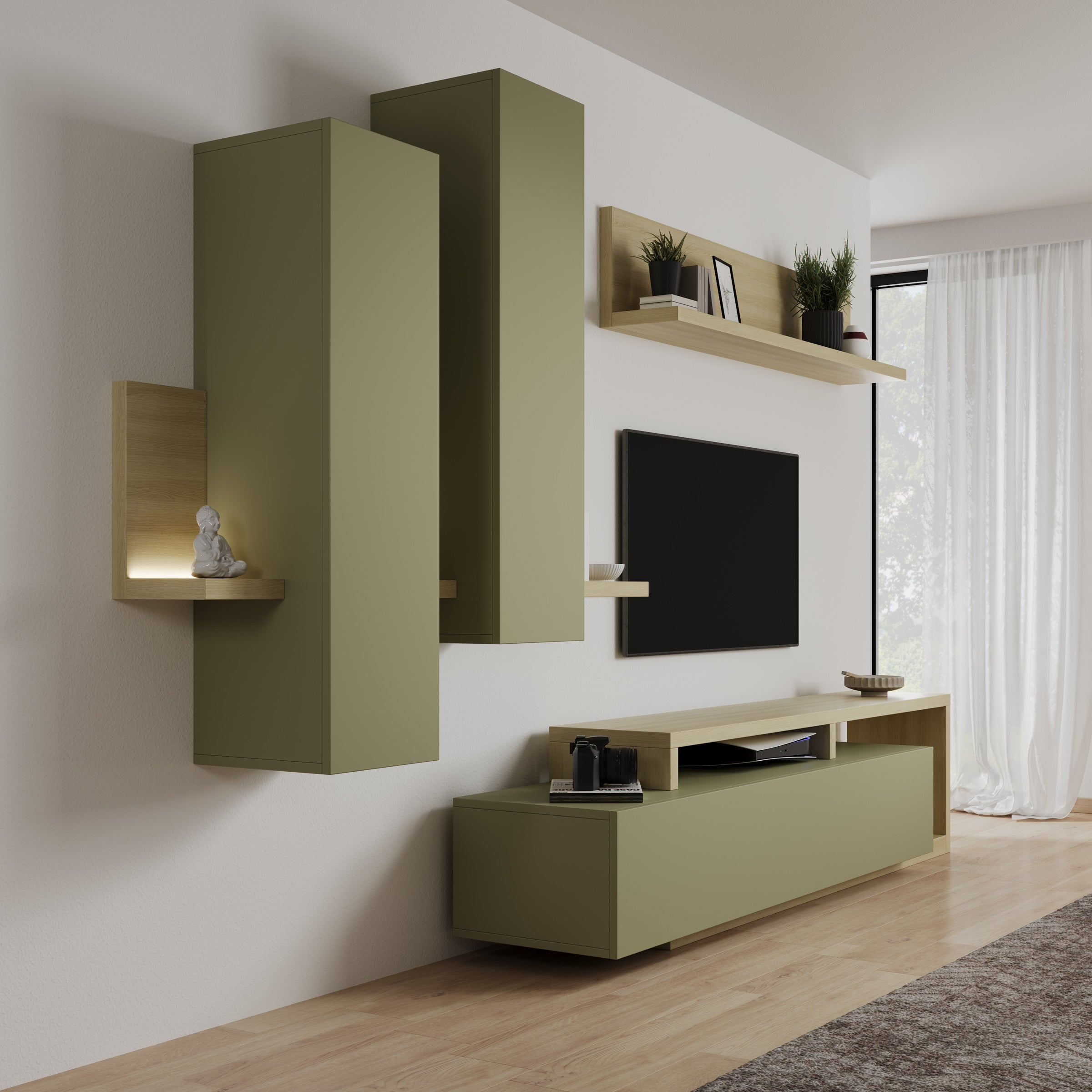 Bello - Wandmeubel - Groen/Eikenpatroon - 219x45x52 cm