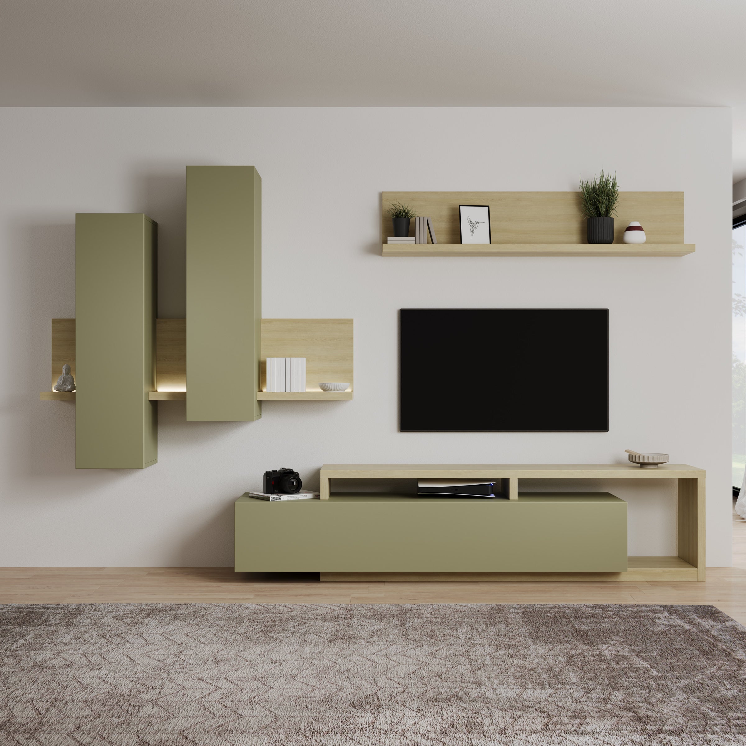 Bello - Wandmeubel - Groen/Eikenpatroon - 219x45x52 cm