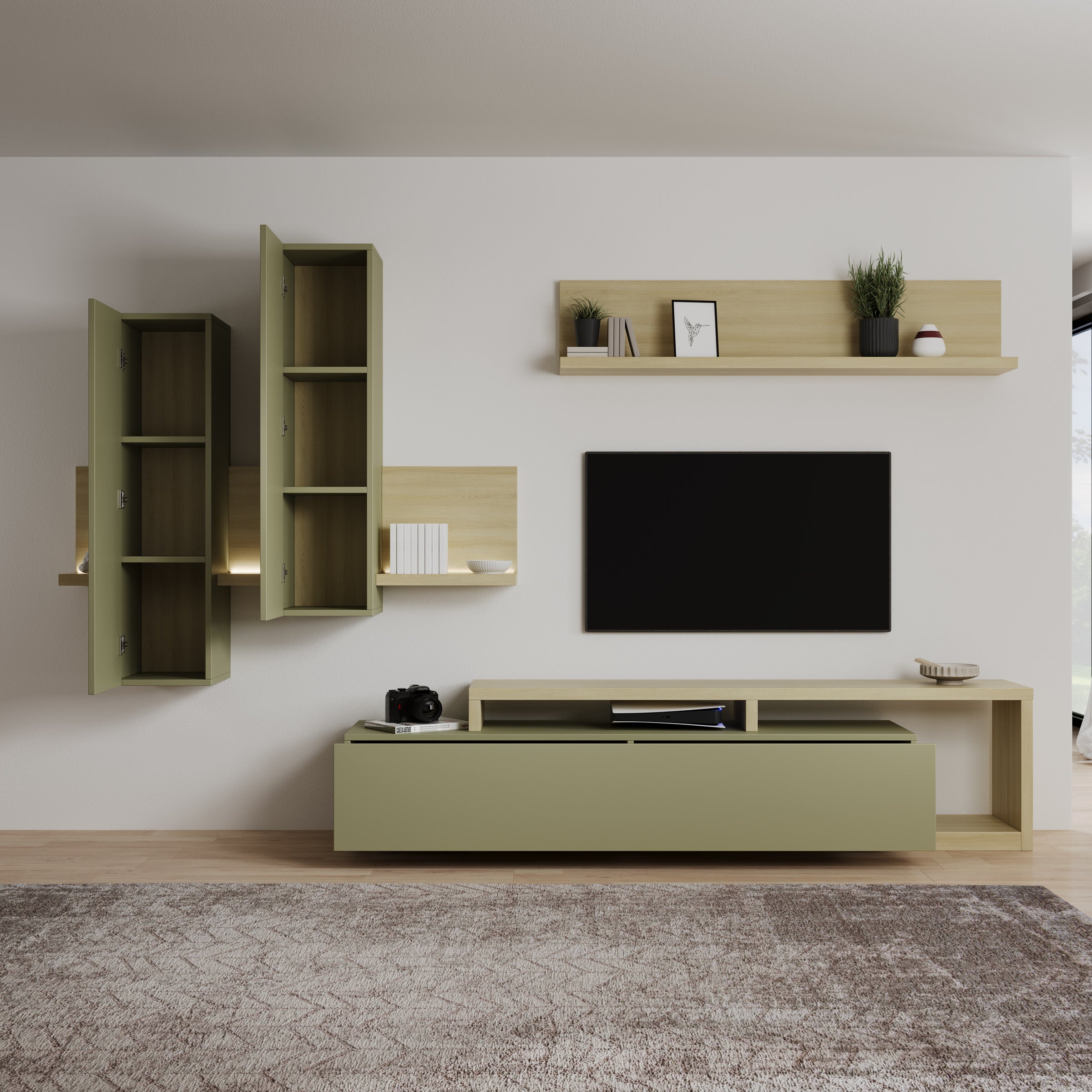 Bello - Wandmeubel - Groen/Eikenpatroon - 219x45x52 cm