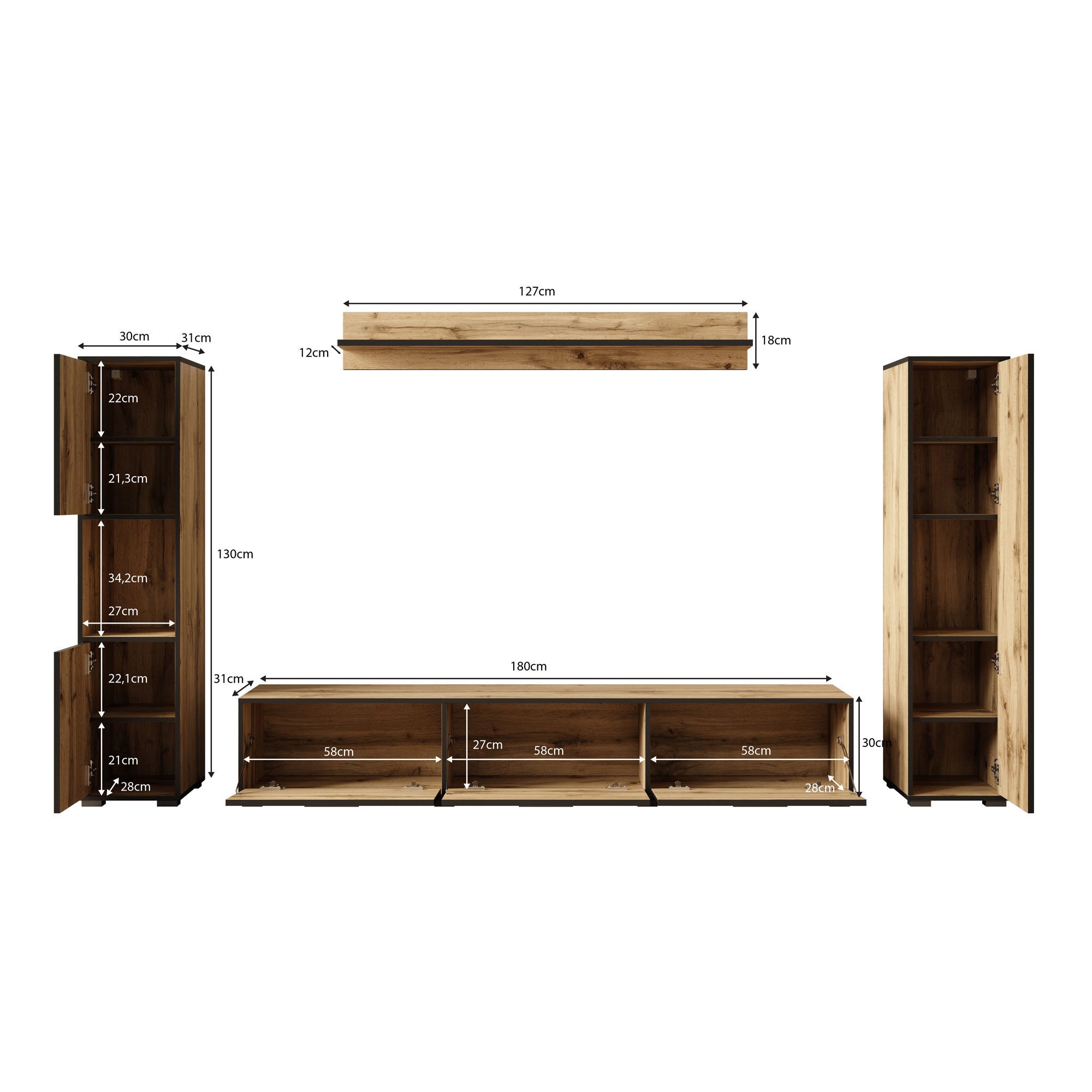 Betty - Wandmeubel - Zwart - 240x31x30 cm