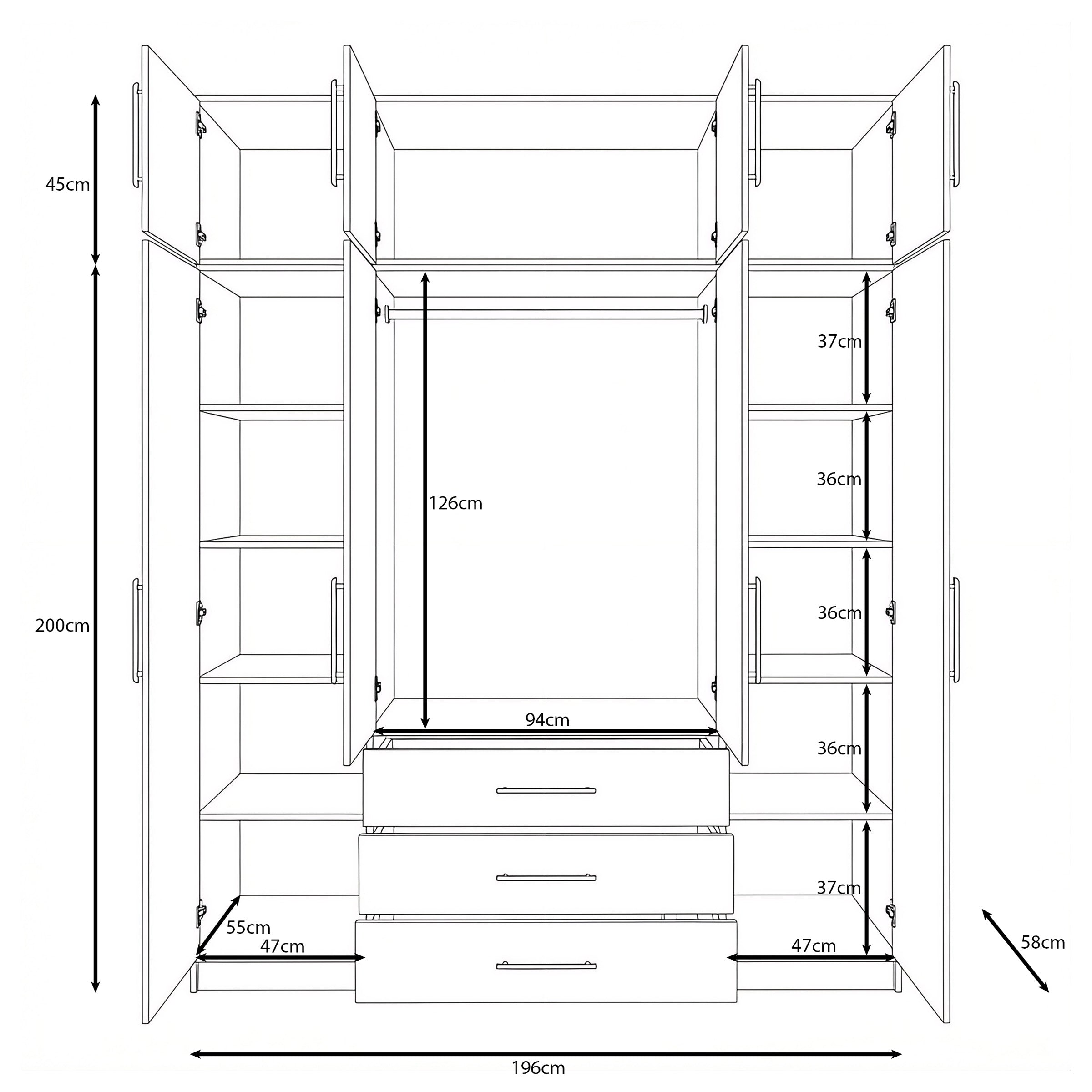 Bloom - Kledingkast 4-deurs - Wit - 196x58x245 cm