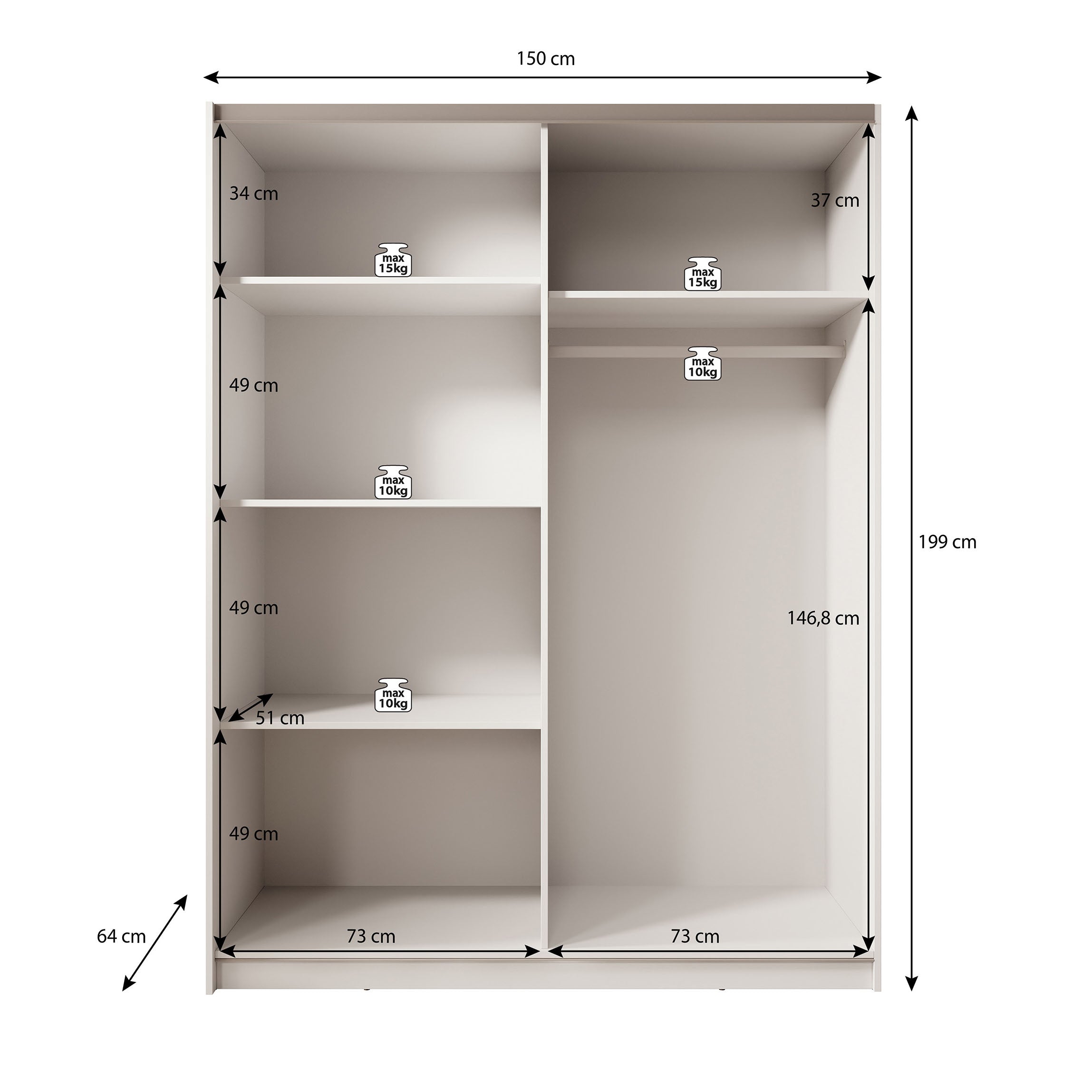 Boets - Kledingkast met schuifdeuren - Wit/eiken - 150x64x199 cm