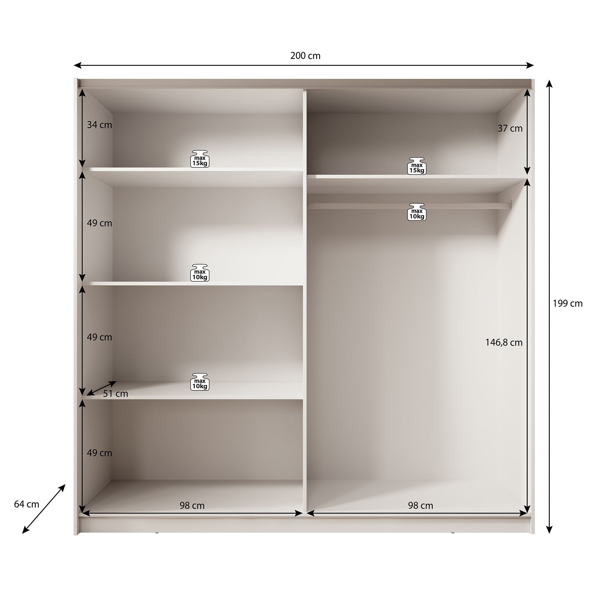 Boets - Kledingkast met schuifdeuren - Wit/eiken - 200x64x199 cm