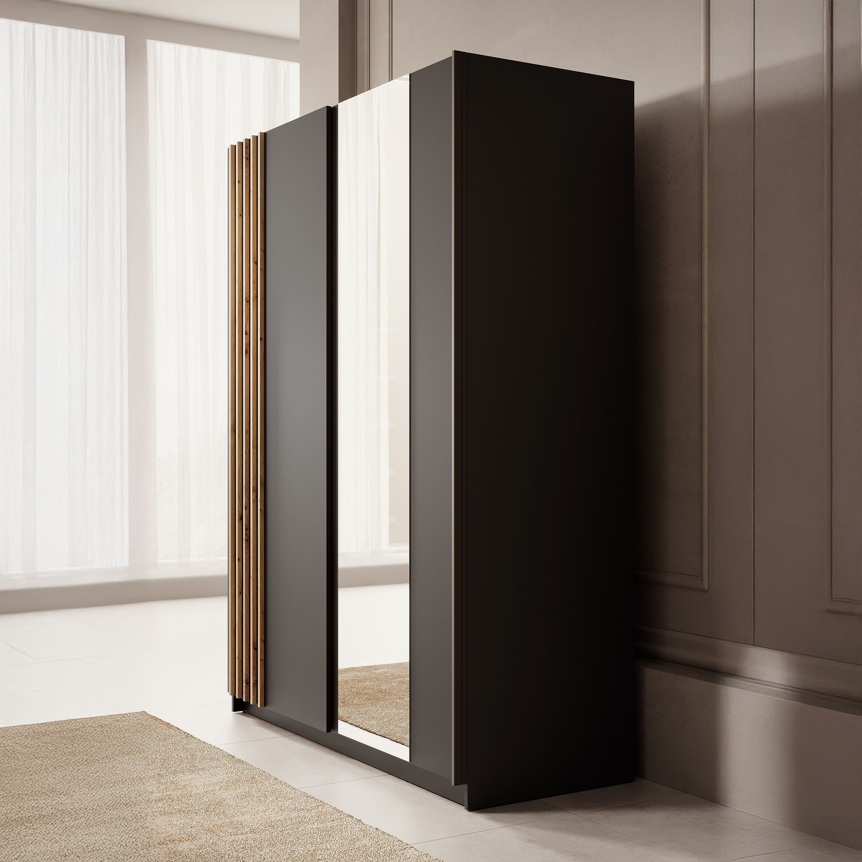 Boets - Kledingkast met schuifdeuren - Zwart/eiken - 150x64x199 cm