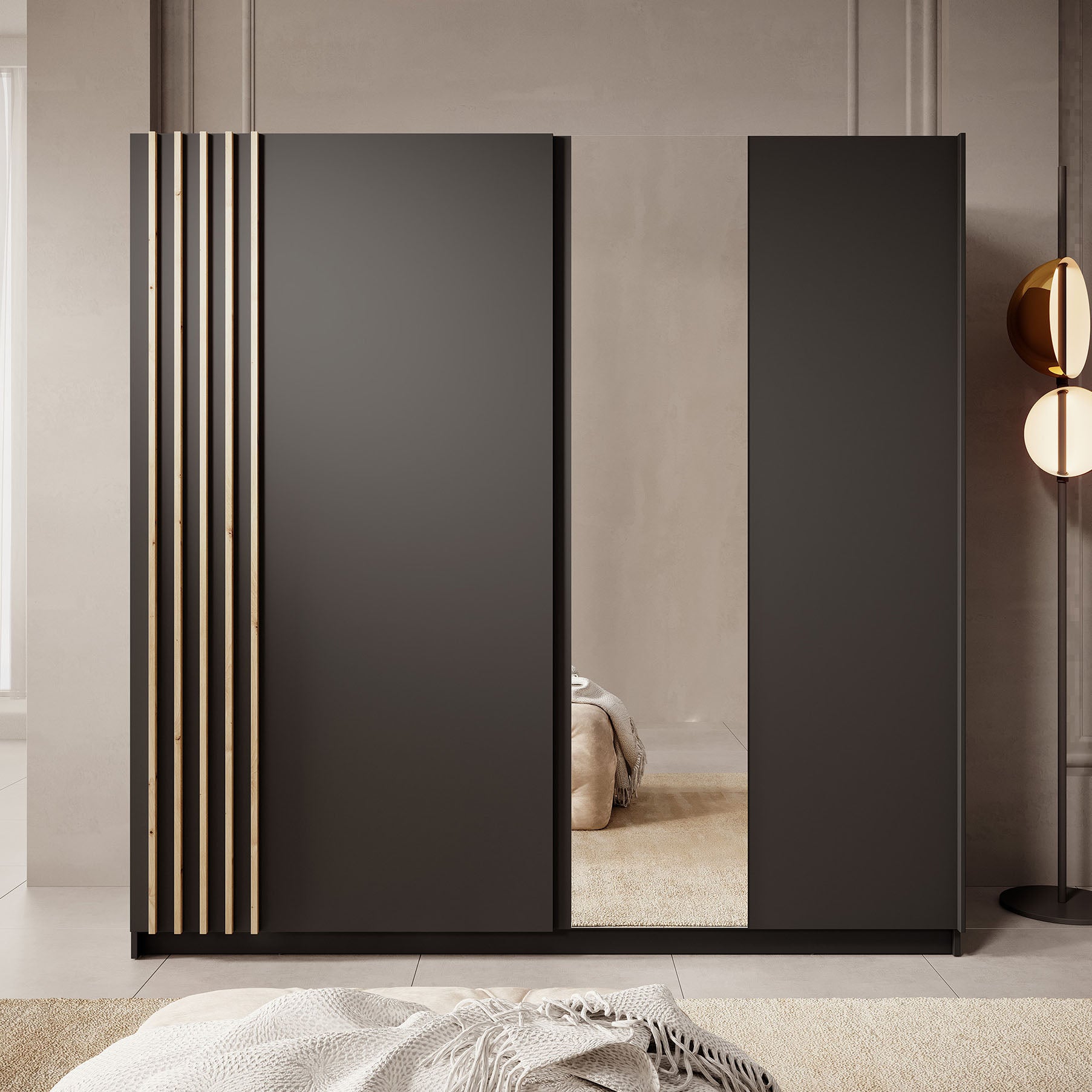 Boets - Kledingkast met schuifdeuren - Zwart/eiken - 200x64x199 cm
