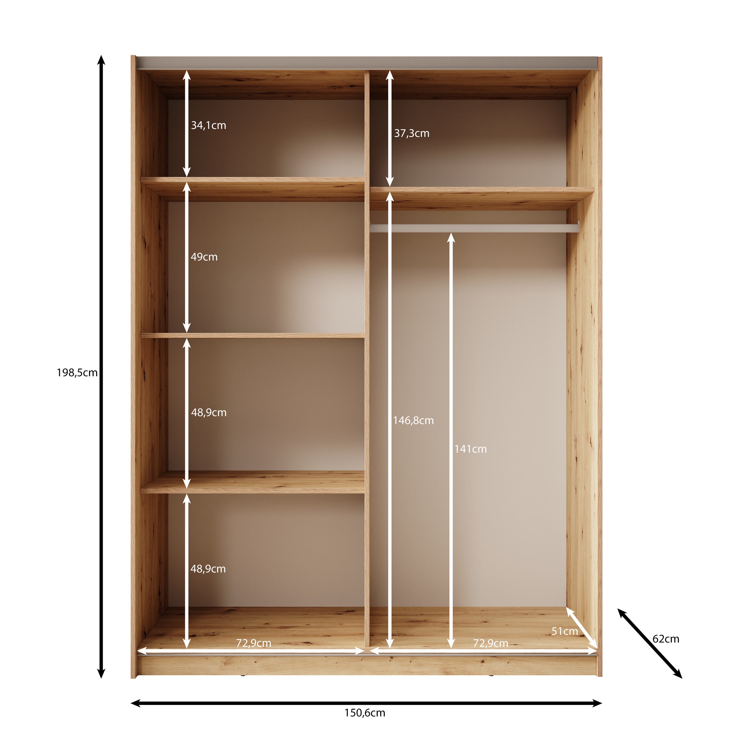 Boets - Kledingkast met spiegel - Eikenpatroon - 150x64x199 cm