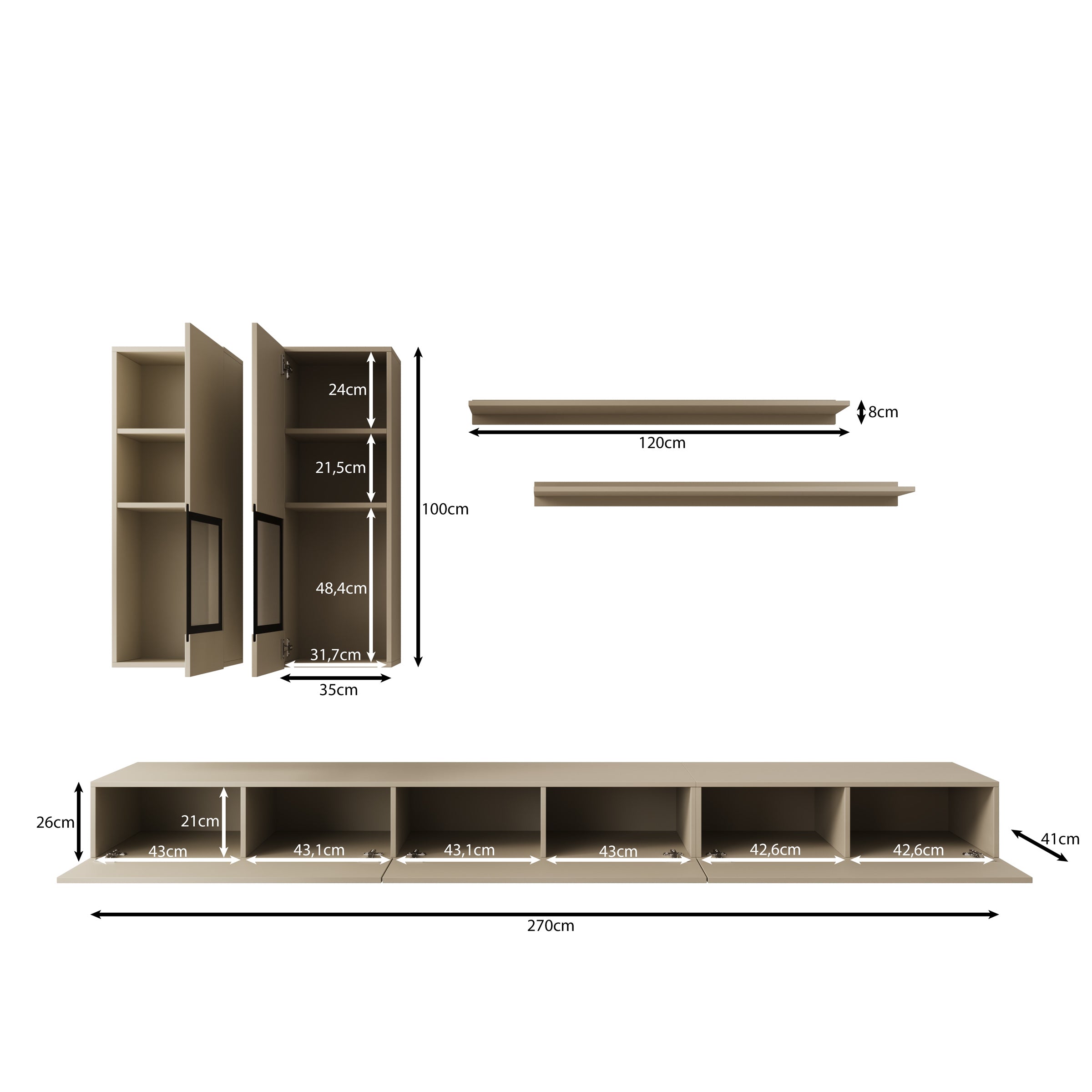 Bolivar - Wandmeubel - Beige - 270x41x26 cm