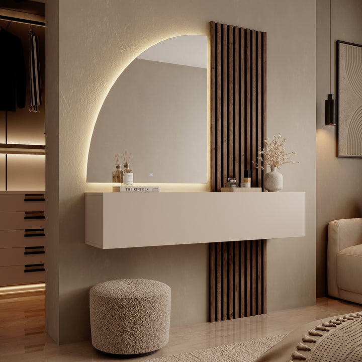 Bonaire - Kaptafel met LED spiegel half - Beige/Eikenpatroon - 138x30x110 cm
