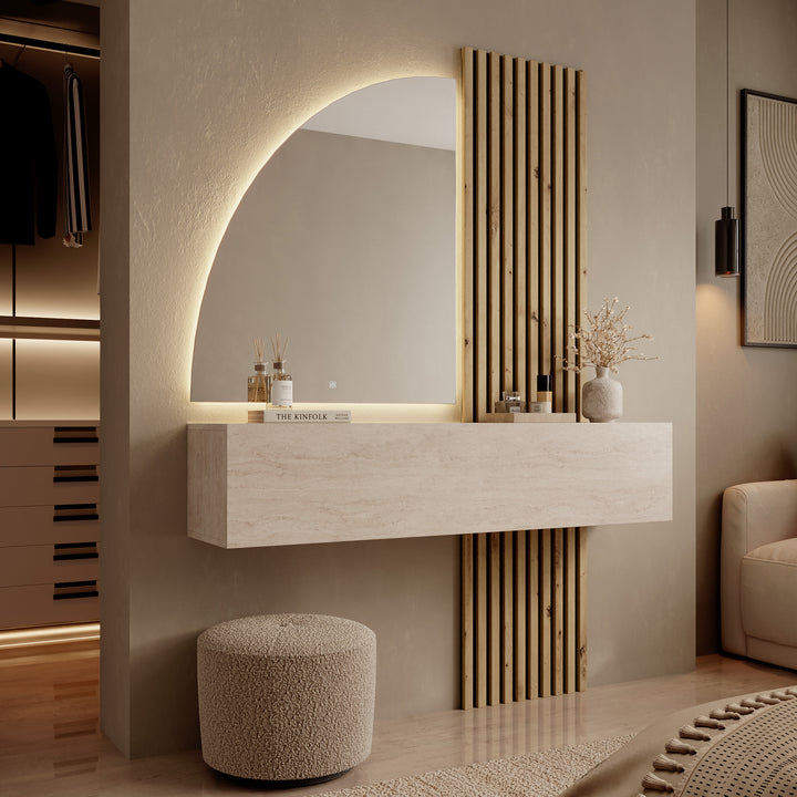 Bonaire - Kaptafel met LED spiegel half - Travertin/Eikenpatroon - 138x30x110 cm