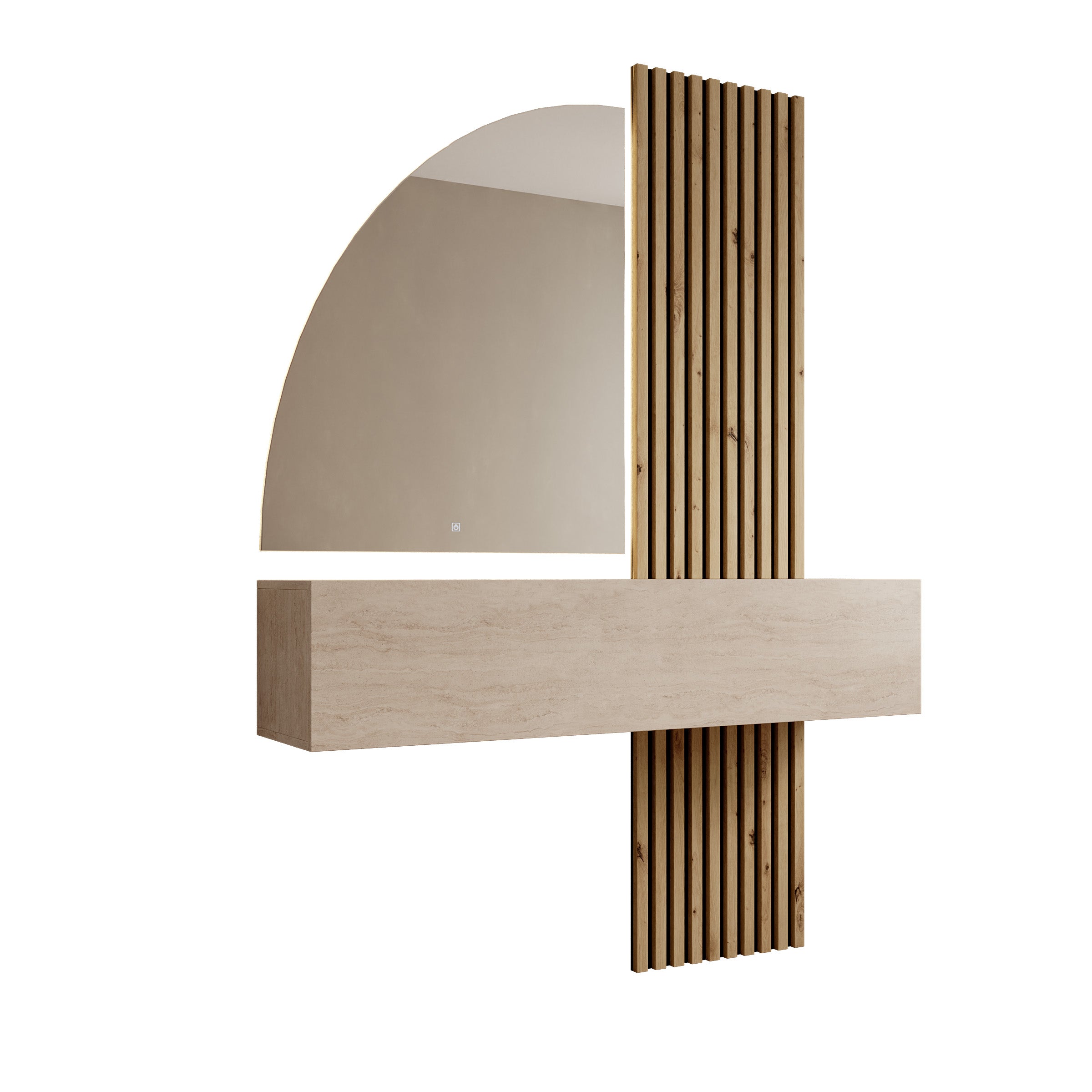 Bonaire - Kaptafel met LED spiegel half - Travertin/Eikenpatroon - 138x30x110 cm