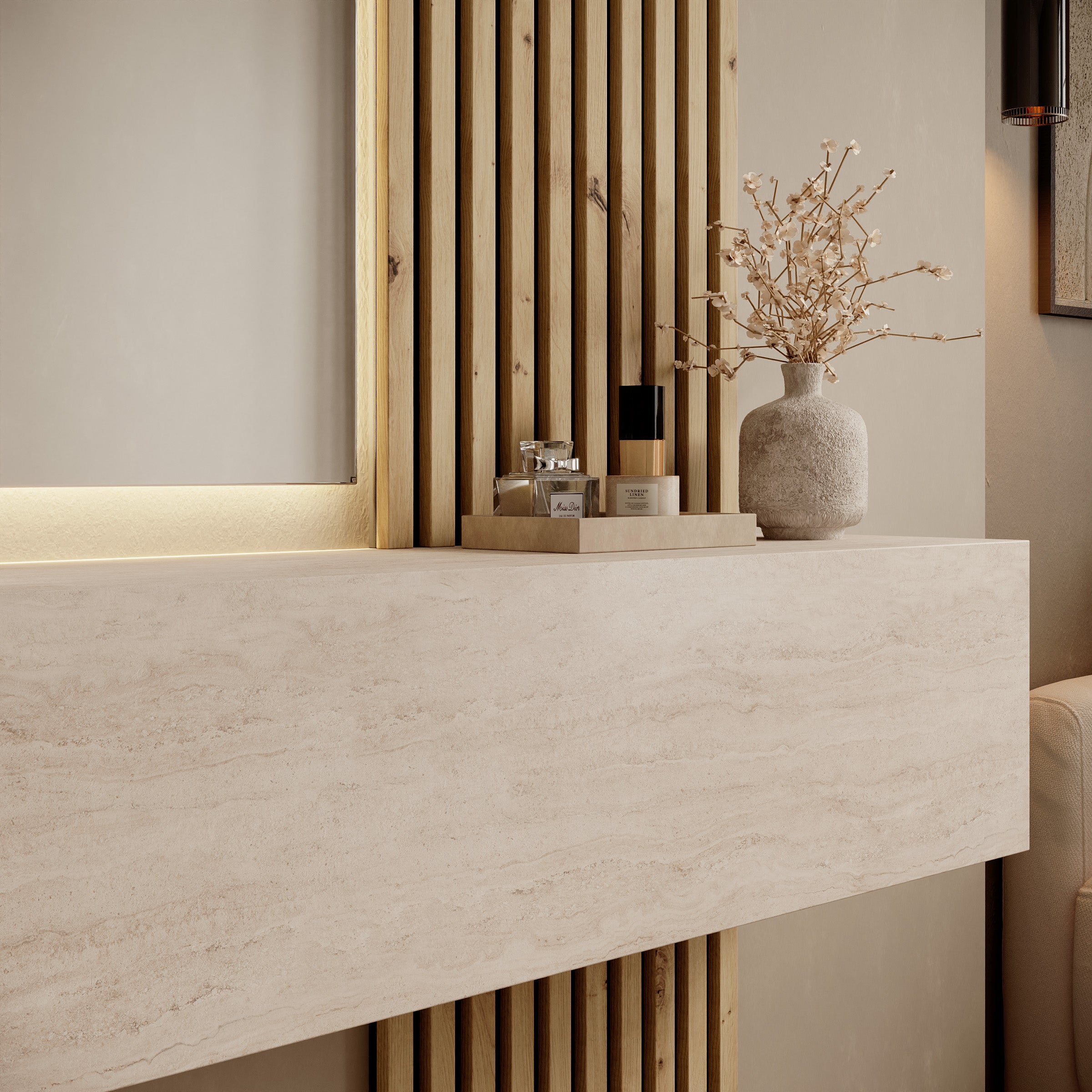 Bonaire - Kaptafel met LED spiegel half - Travertin/Eikenpatroon - 138x30x110 cm